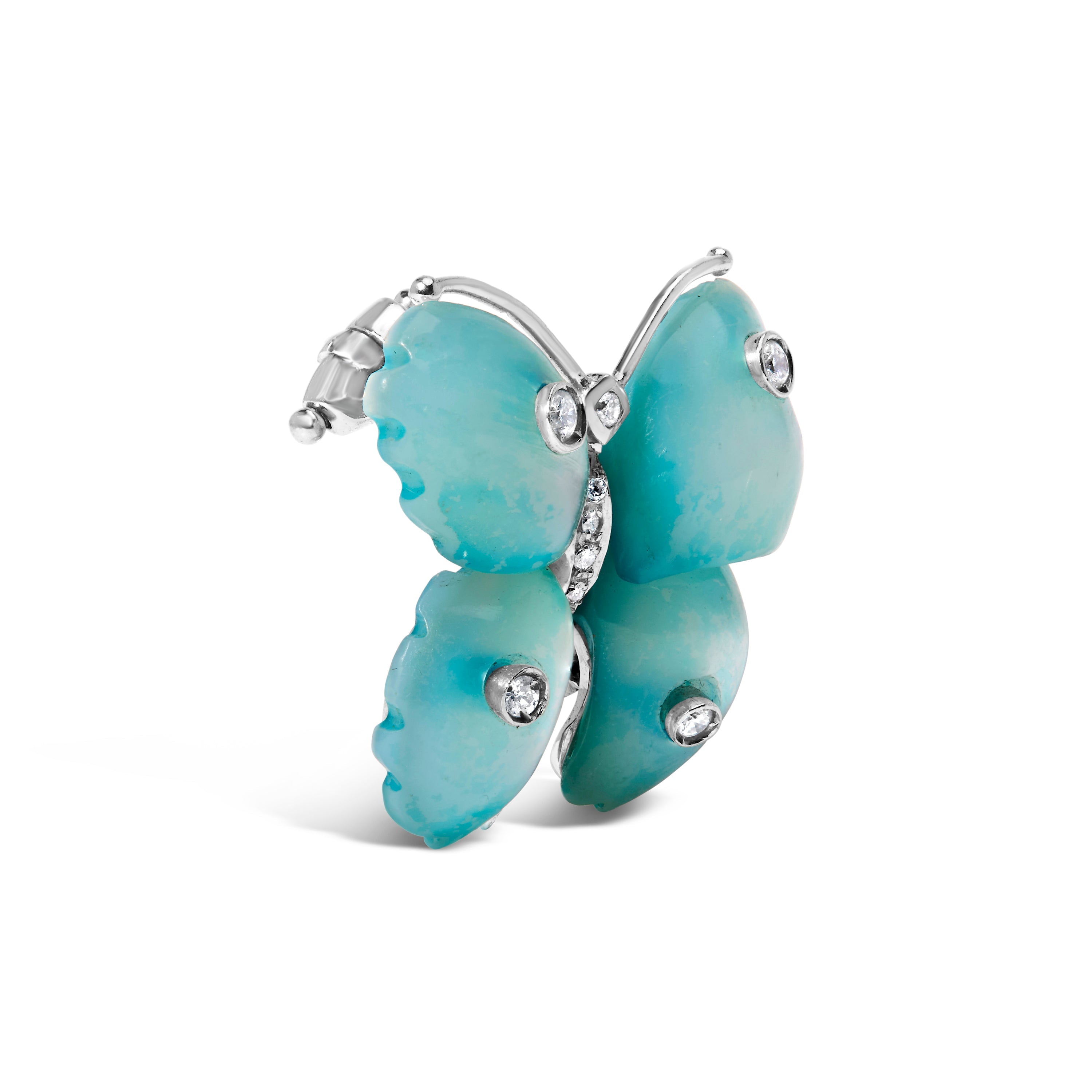18K White Gold Blue Mother of Pearl and Diamond Accent Butterfly Pin Brooch (F-G Color, VS1-VS2 Clarity)