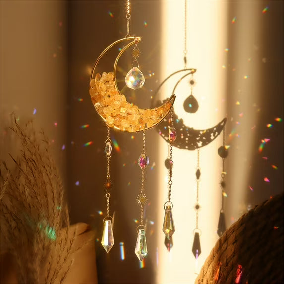 Citrine Crystal Suncatchers for Window Hanging Hourglass Moon Sun Catcher with Chain Rainbow Maker