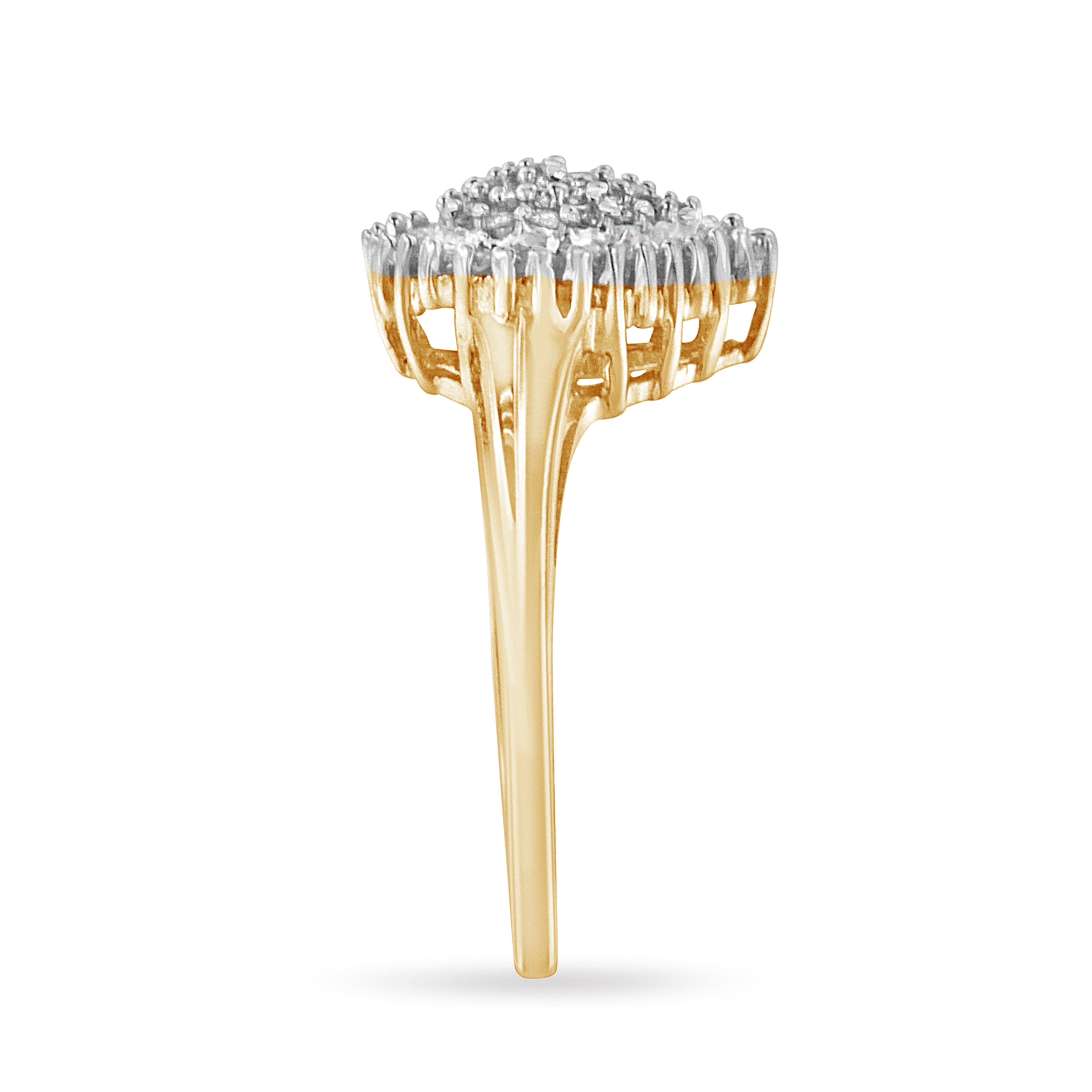 10K Yellow Gold 1/2 Cttw Round & Baguette Cut Diamond Pear Shaped Domed Pavé Cluster with Halo Cocktail Ring (J-K Color, I1-I2 Clarity) - Size 4-1/4