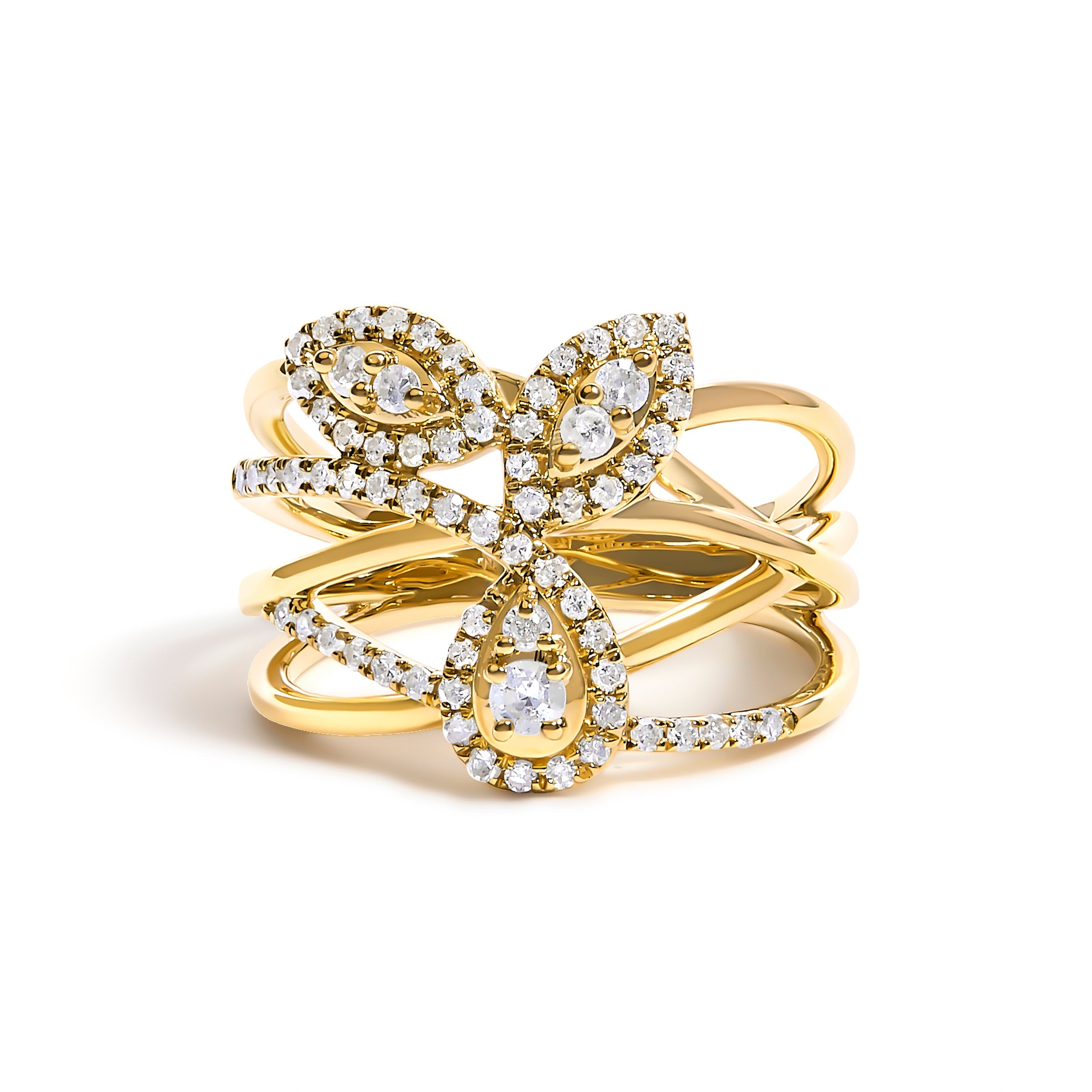 10K Yellow Gold 1/2 Cttw Diamond Crossover 3 Leaf Floral Cocktail Ring Band (H-I Color, SI1-SI2 Clarity) - Size 7