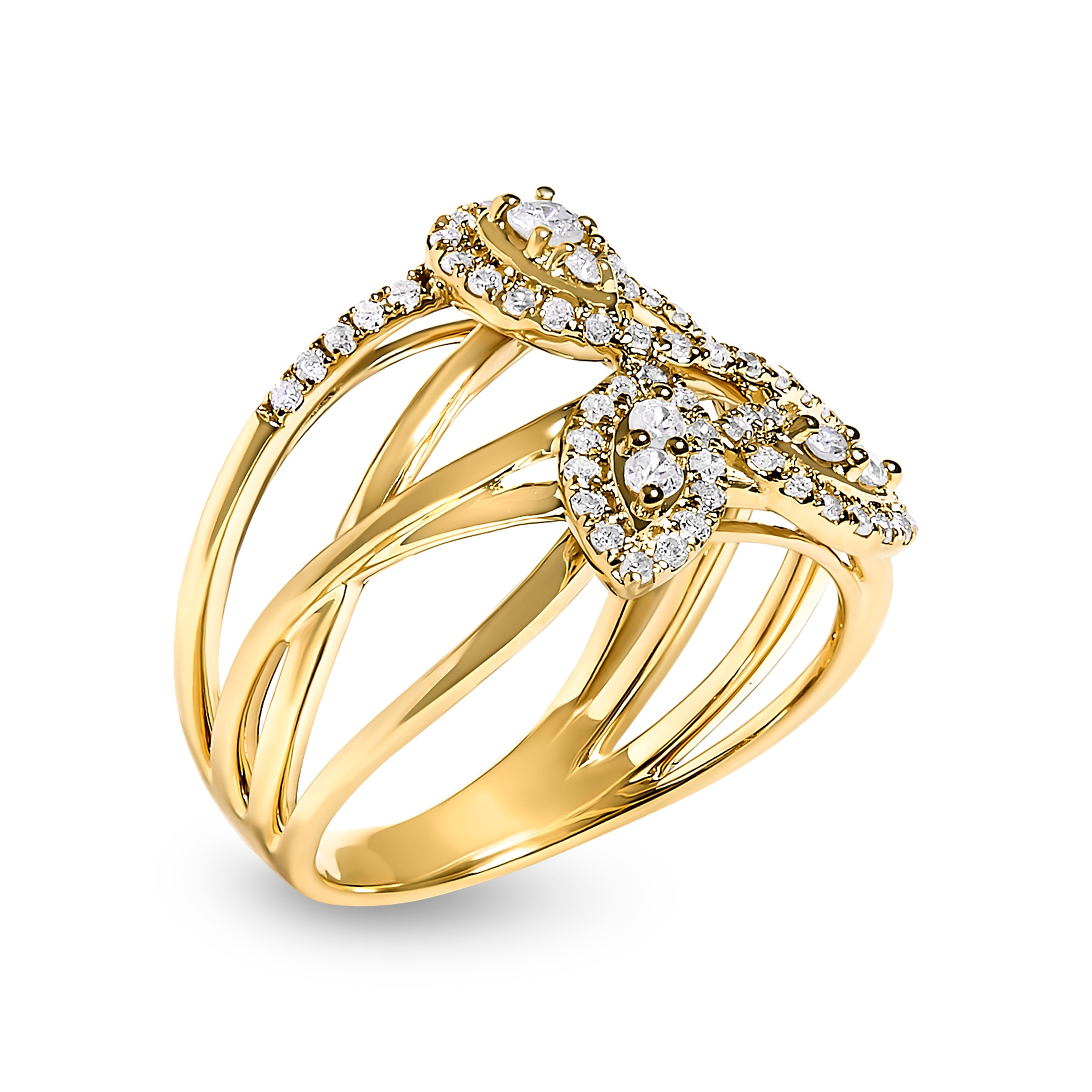 10K Yellow Gold 1/2 Cttw Diamond Crossover 3 Leaf Floral Cocktail Ring Band (H-I Color, SI1-SI2 Clarity) - Size 7