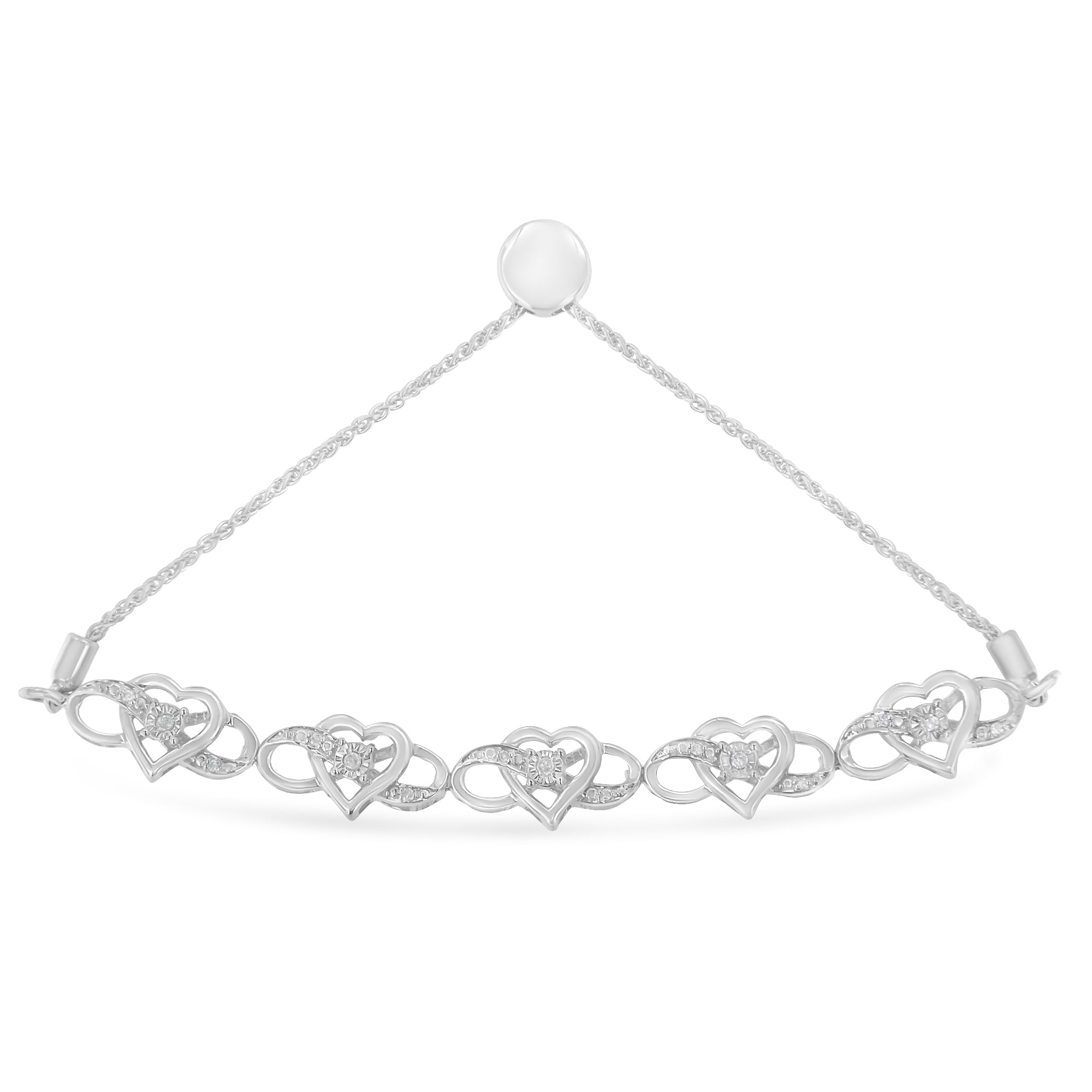 .925 Sterling Silver Miracle Set Diamond Accented Infinity Hearts 6â€-9†Adjustable Bolo Bracelet (H-I Color, I2-I3 Clarity)