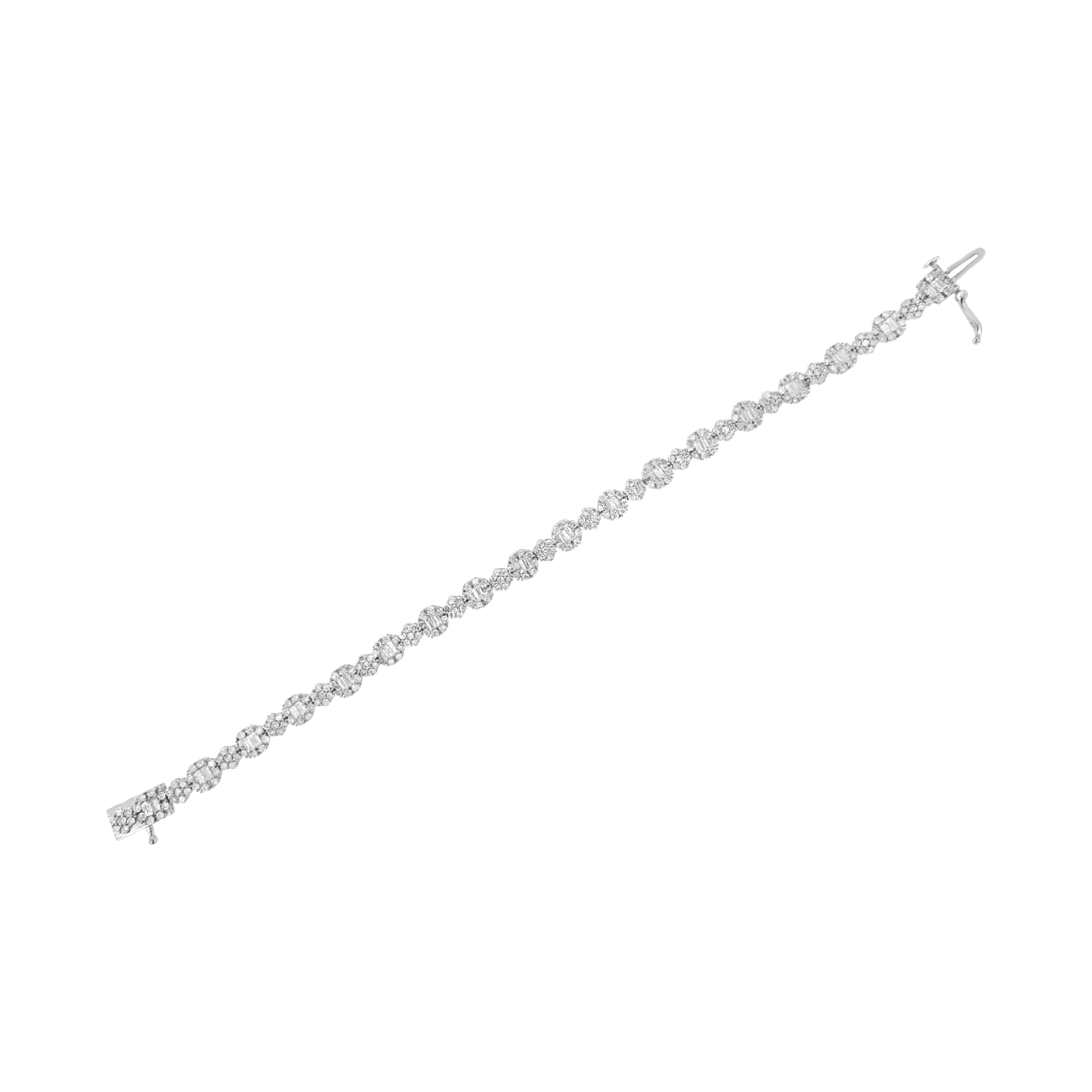 10K White Gold 4.0 cttw Brilliant Round-cut and Baguette Diamond Floral Cluster Link Bracelet (I-J Clarity, I1-I2 Color) - Size 7"