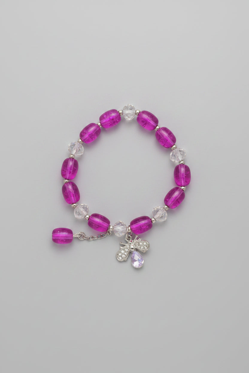 Boho Pink Glass Bead Elastic Bracelet With Bee Charm
