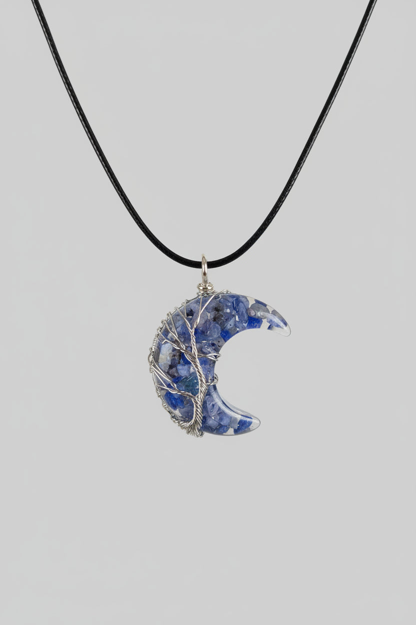 Wire Wrapped Lapis Lazuli Crescent Moon Tree Necklace