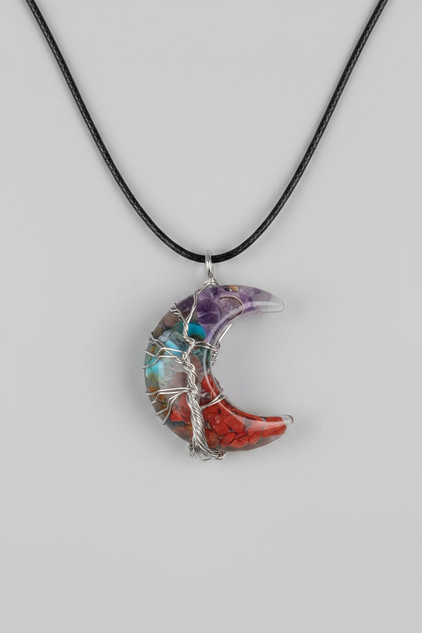 Wire Wrapped Chakra Tree of Life Crescent Moon Pendant Necklace
