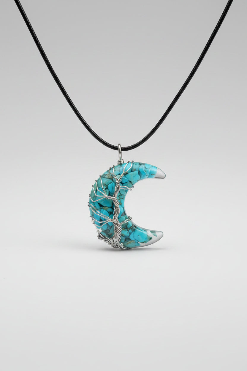 Wire Wrapped Turquoise Tree of Life Crescent Moon Pendant Necklace