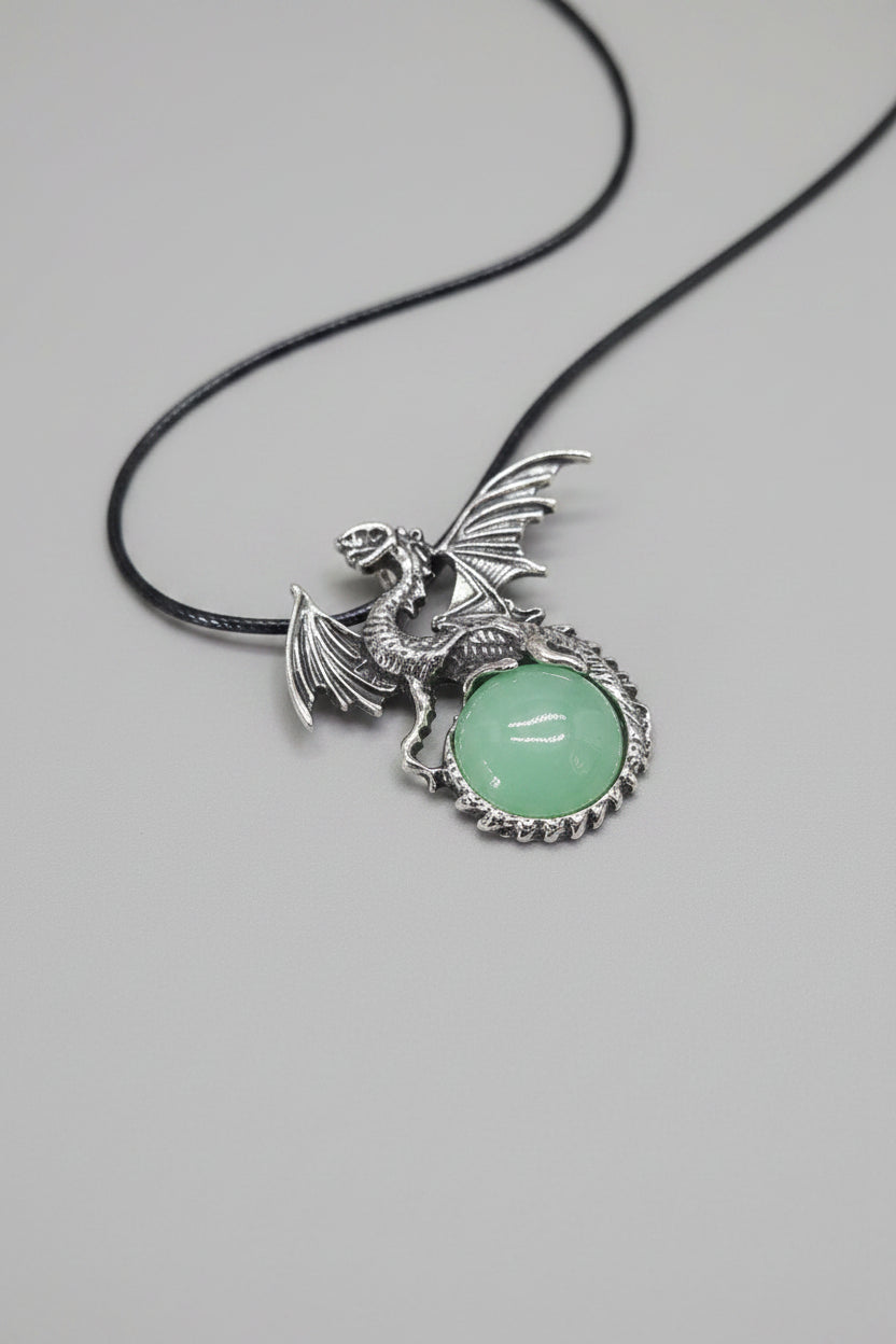 Green Aventurine Cabochon with Dragon Pendant Necklace