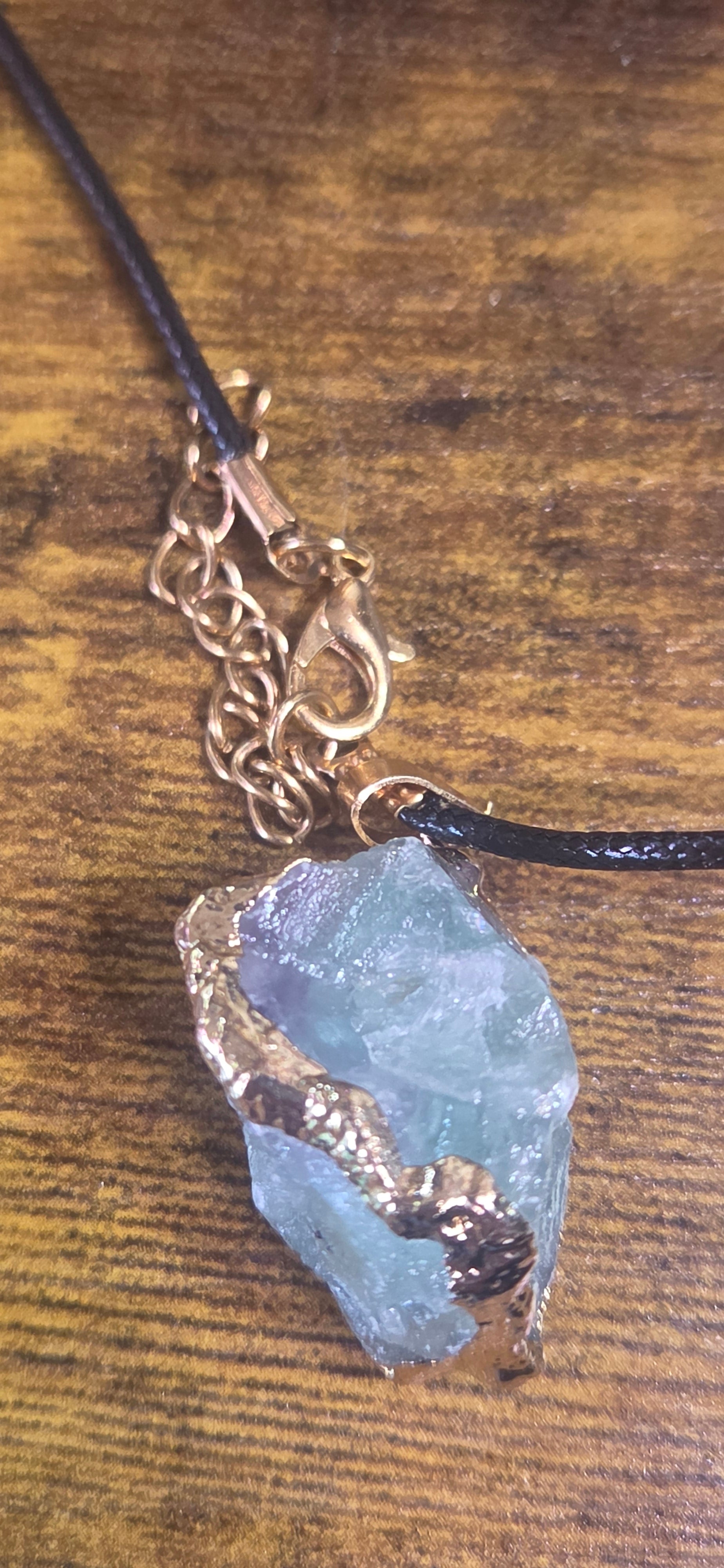 Rough Fluorite Stone With Gold Leaf Necklace