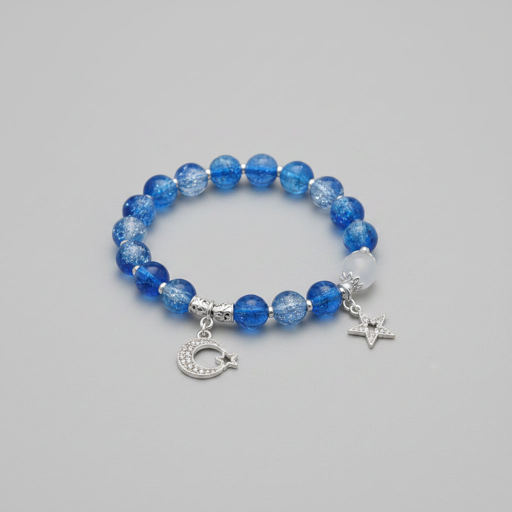 Boho Blue Crackled Glass Beads With Moon Charm Elastic Bracelet