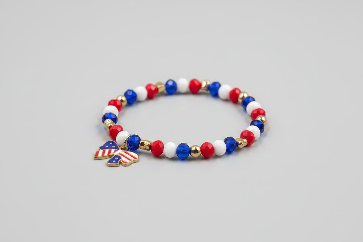USA Red White and Blue Bead Elastic Bracelet American Flag Ribbon Charm