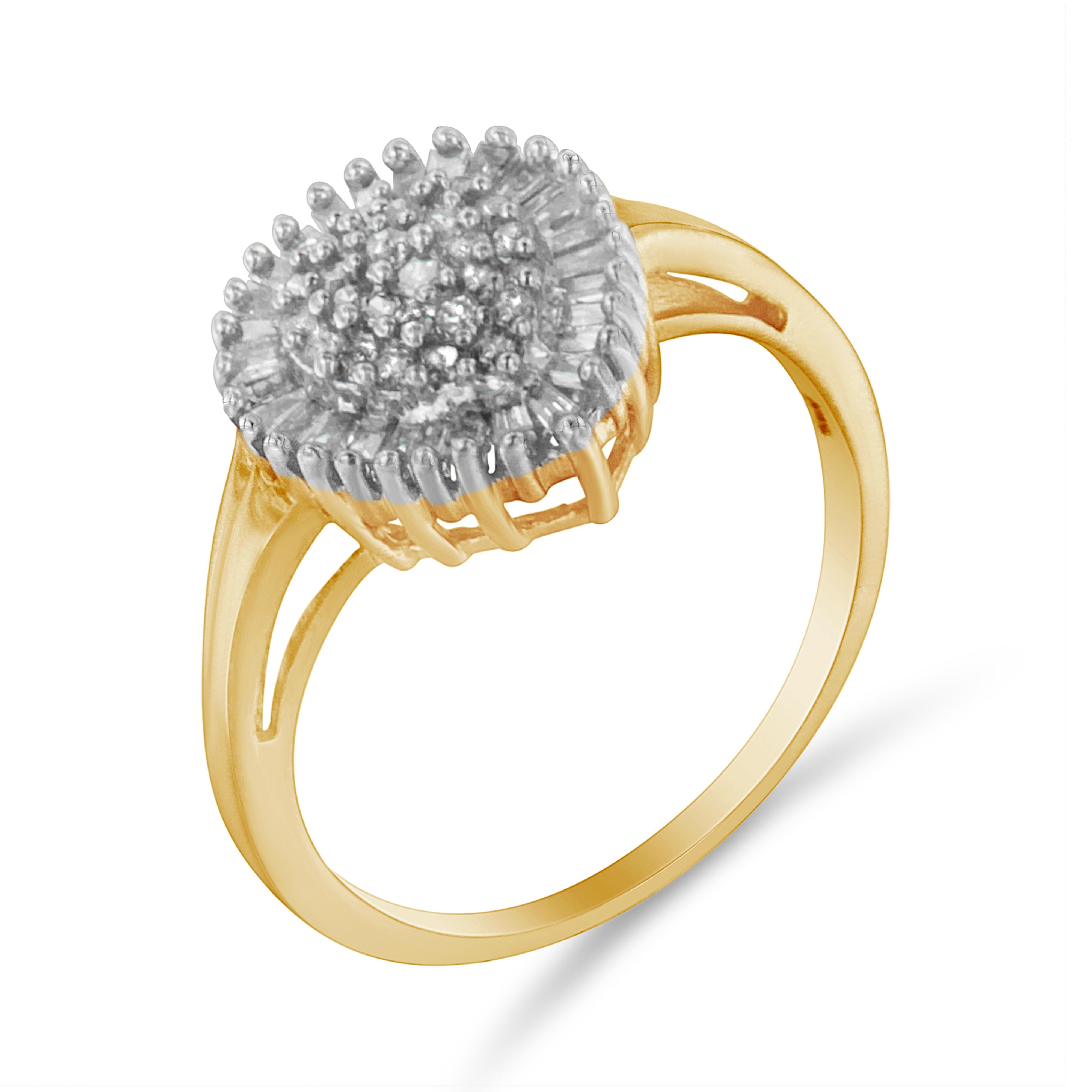 10K Yellow Gold 1/2 Cttw Round & Baguette Cut Diamond Pear Shaped Domed Pavé Cluster with Halo Cocktail Ring (J-K Color, I1-I2 Clarity) - Size 4-1/4