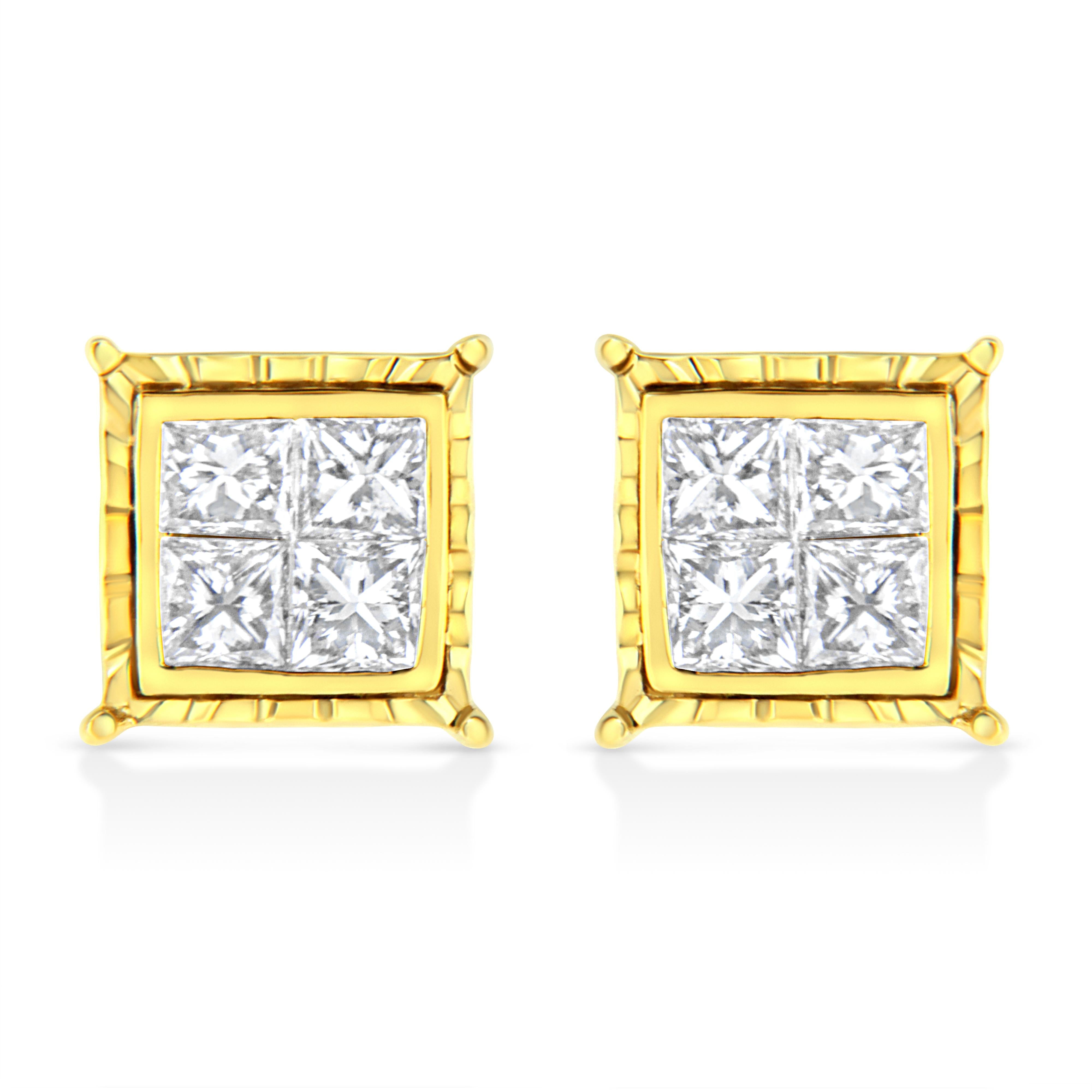 14K Yellow Gold 1 Cttw Princess Cut Diamond Square Stud Earrings