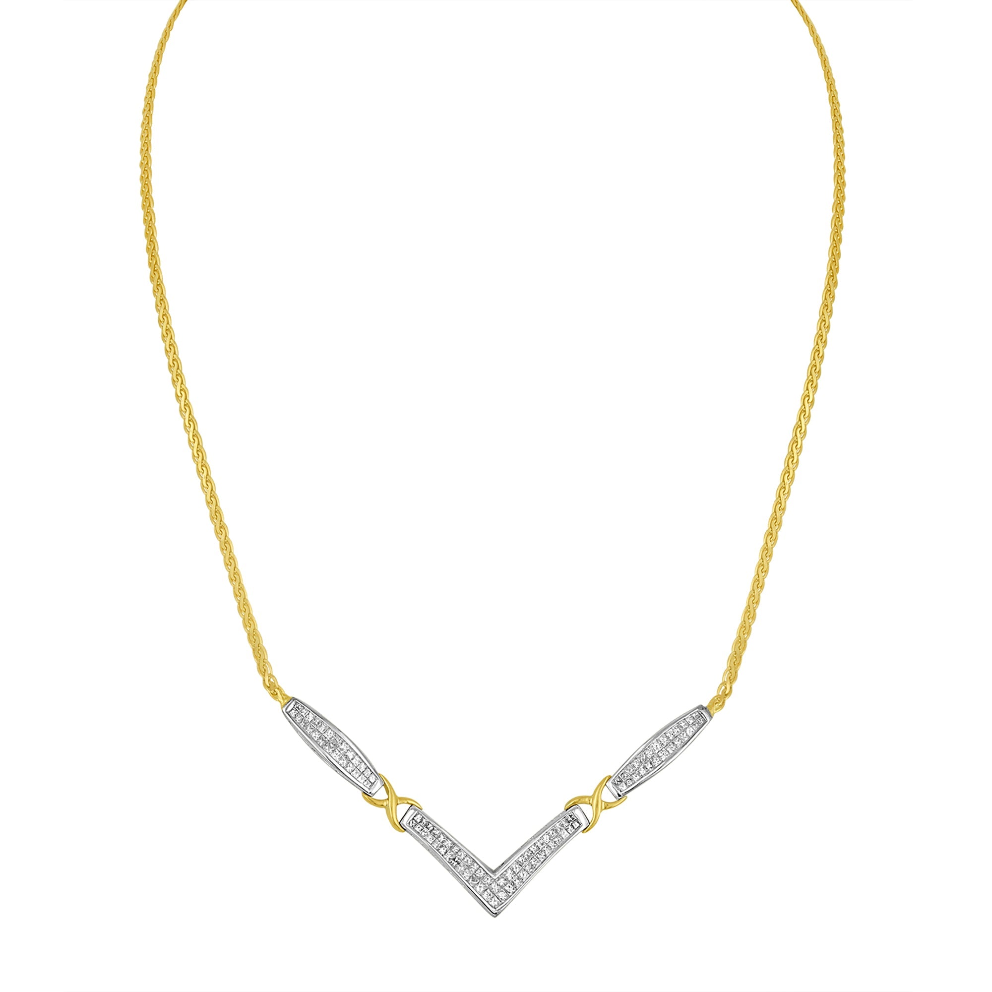 14K Yellow and White Gold 2.0 Cttw Princess Cut Diamond Flared and X-Station V Shaped 18†Franco Chain Statement Necklace (H-I Color, SI2-I1 Clarity)