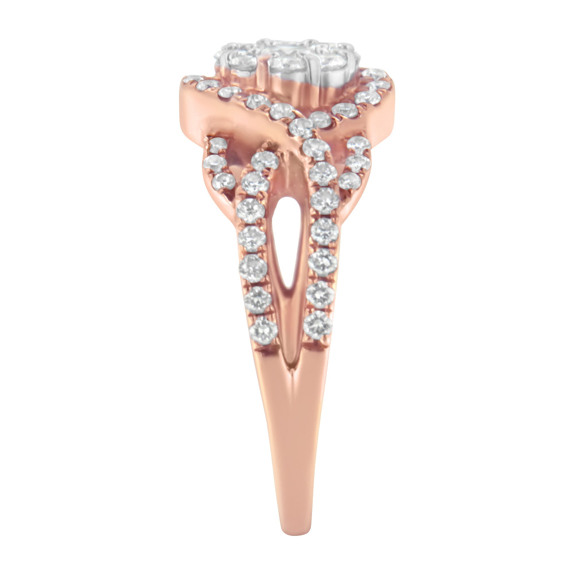 10K Rose Gold 3/4 Cttw Diamond Floral Cluster Head and Twisted Shank Cocktail Ring (H-I Color, SI1-SI2 Clarity)- Size 7