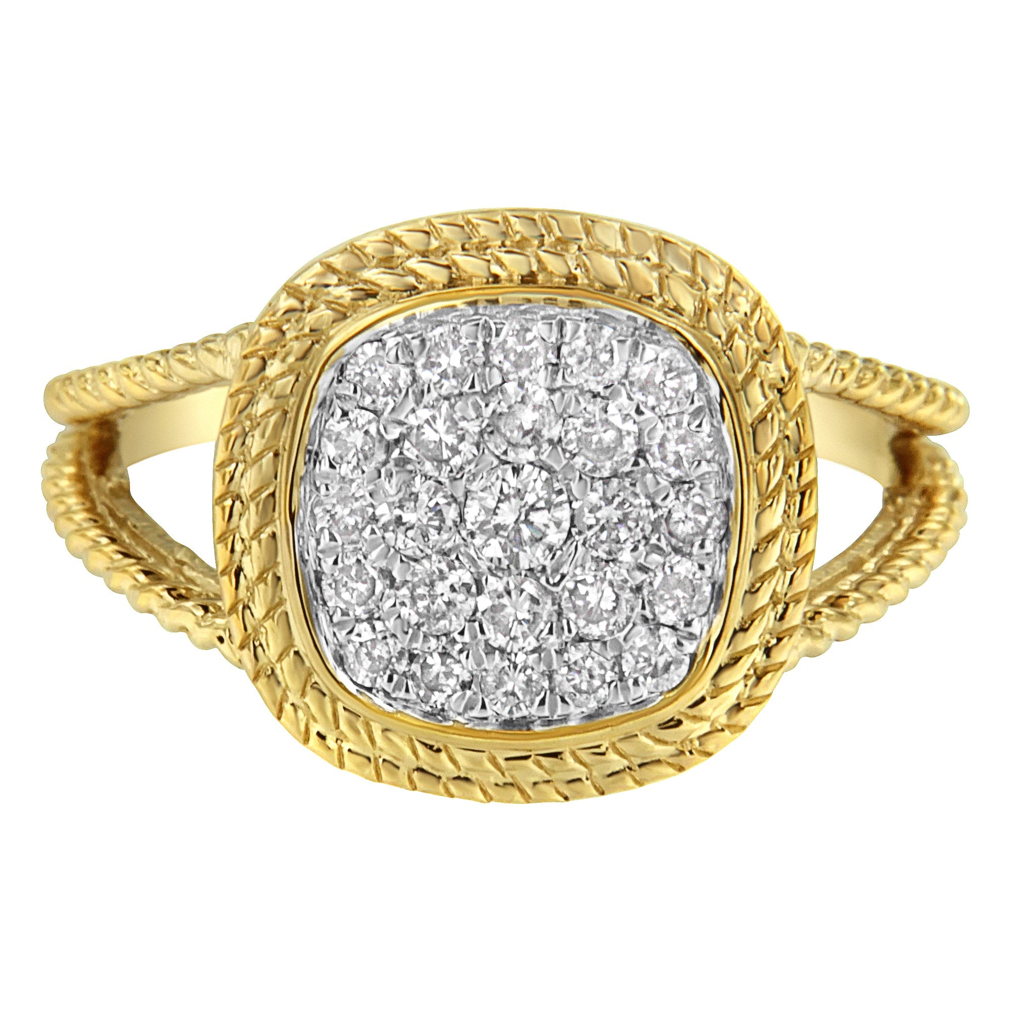 10K Yellow Gold Plated .925 Sterling Silver 1/2 Cttw Diamond Square Cushion Cluster Split Shank Cocktail Ring (J-K Color, I2-I3 Clarity) - Size 7