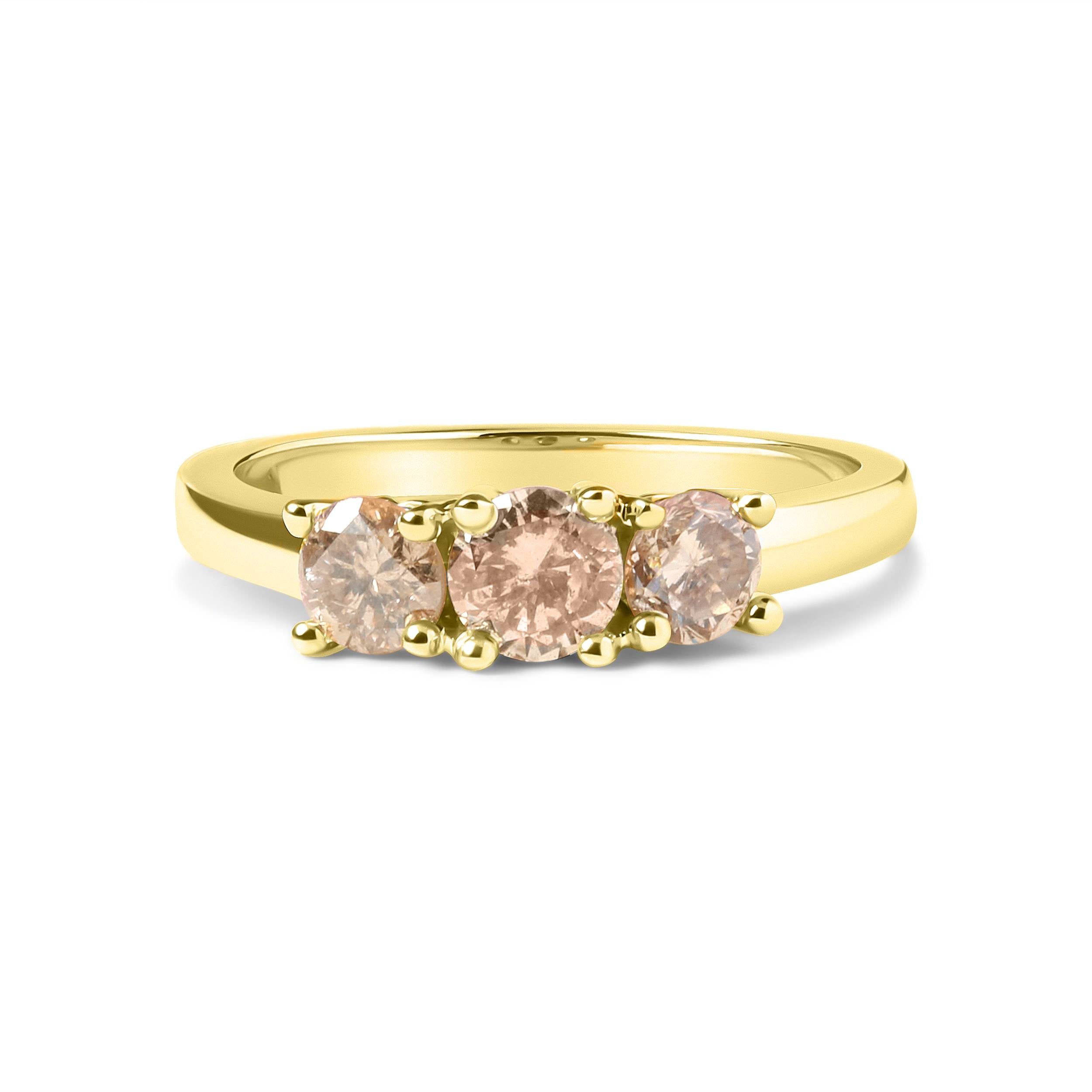 10K Yellow Gold 1.00 Cttw Champagne Diamond 3-Stone Band Ring (J-K Color, I1-I2 Clarity) - Size 7