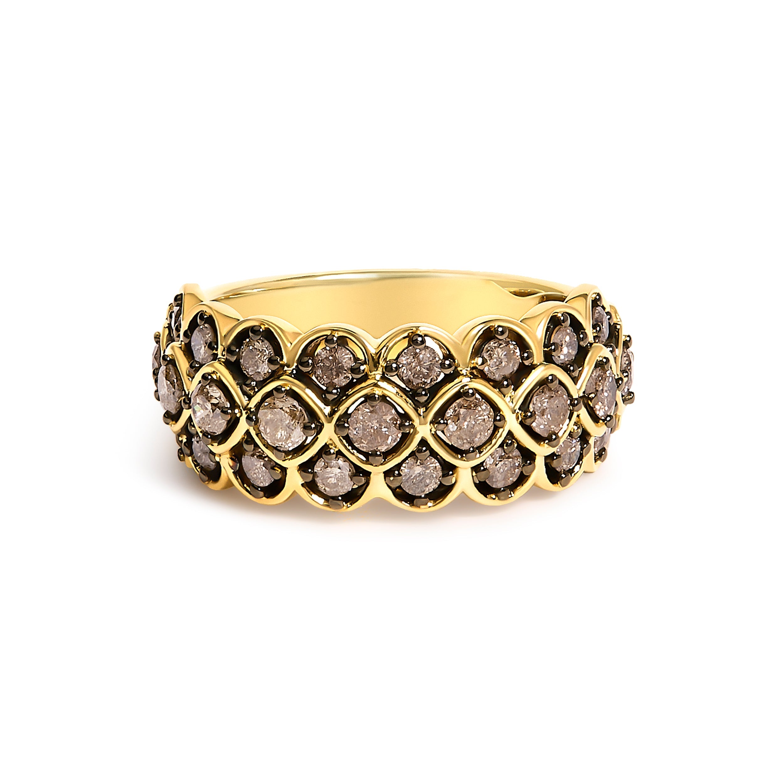 10K Yellow Gold Plated Sterling Silver 1.0 Cttw Brown Diamond Scalloped Motif Band Ring