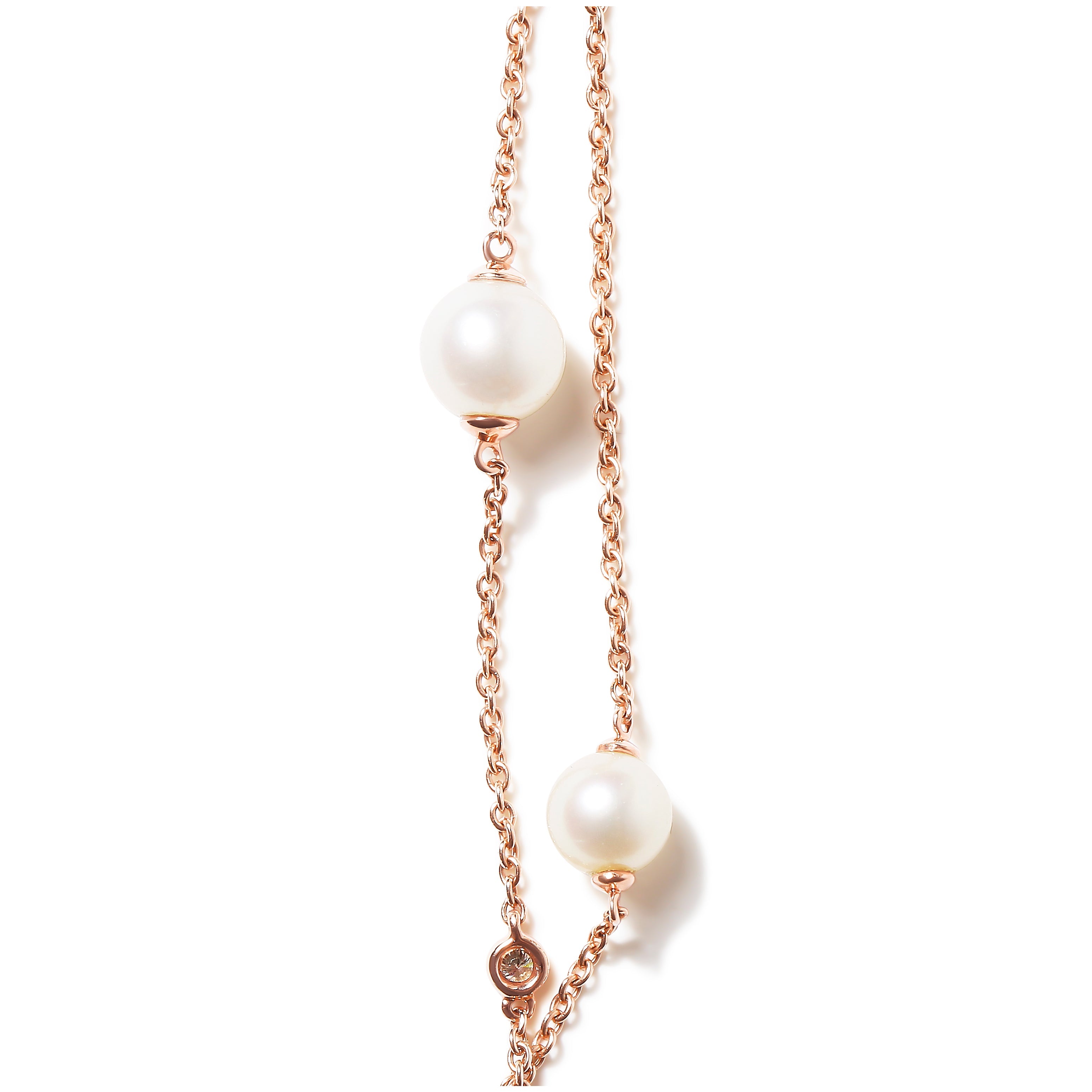 18K Rose Gold 1/2 Cttw Diamond and Freshwater Pearl Double Strand Station Necklace (G-H Color, SI1-SI2 Clarity) - Adjustable up to 16" to 20"