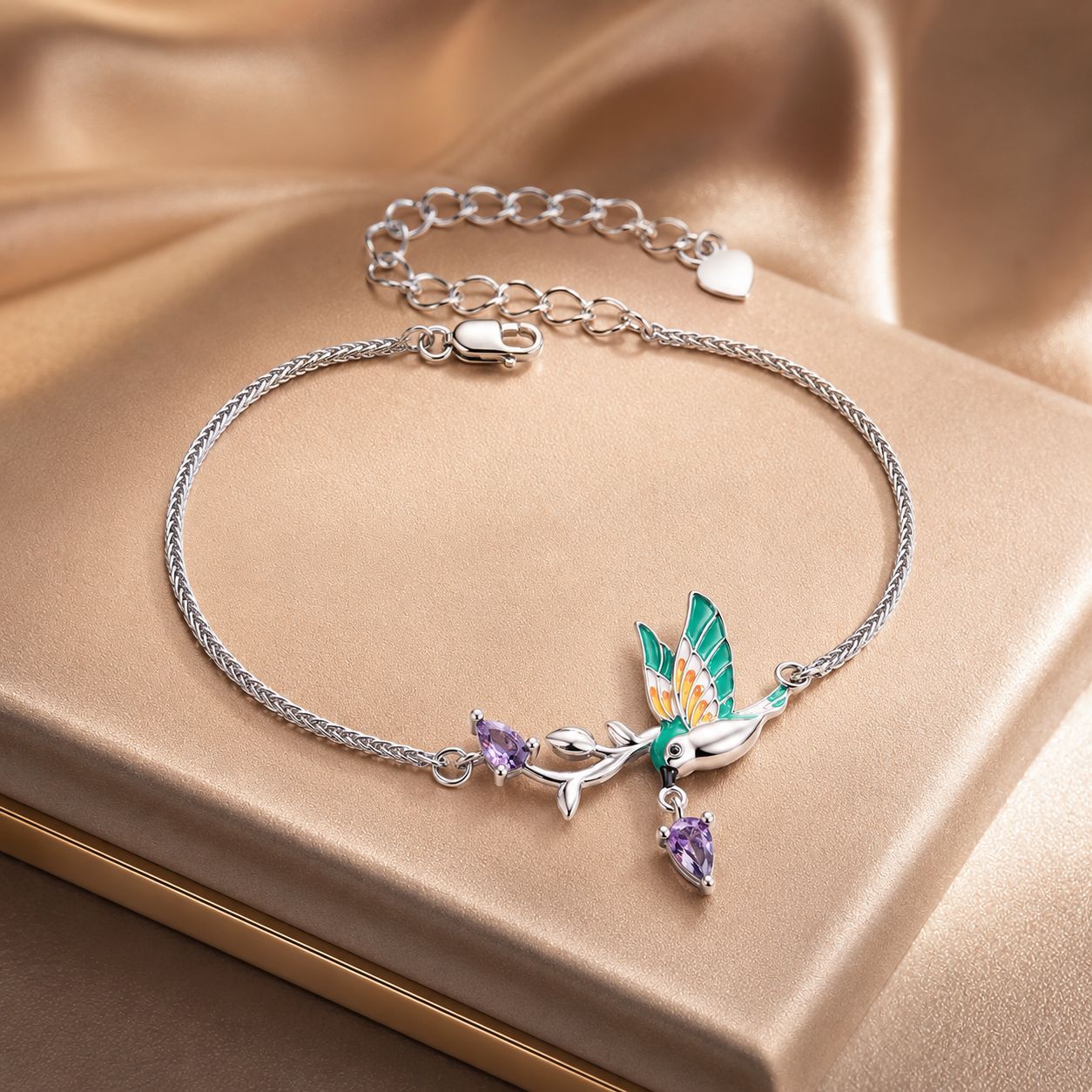 925 Sterling Silver Enamel Plated Platinum Bracelet with CZ, Adjustable Length for Women