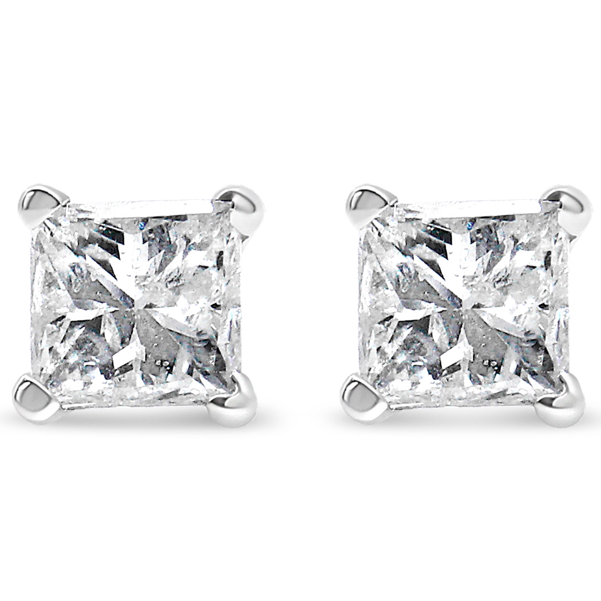 AGS Certified 14K White Gold 1.0 Cttw 4-Prong Set Princess-Cut Solitaire Diamond Push Back Stud Earrings (I-J Color, SI2-I1 Clarity)