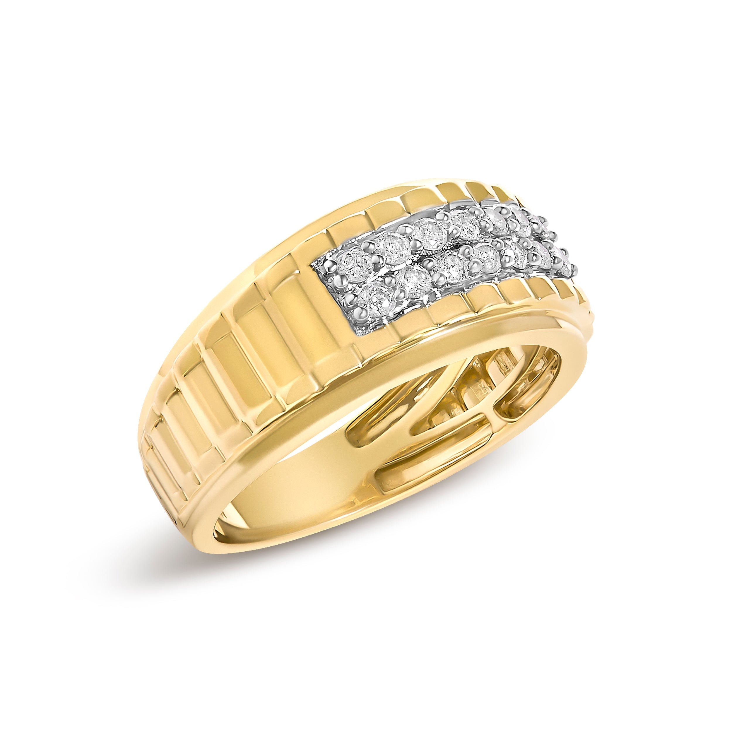 Men's 14K Yellow Gold Plated Sterling Silver 3/8 Cttw Diamond Ribbed Band Ring