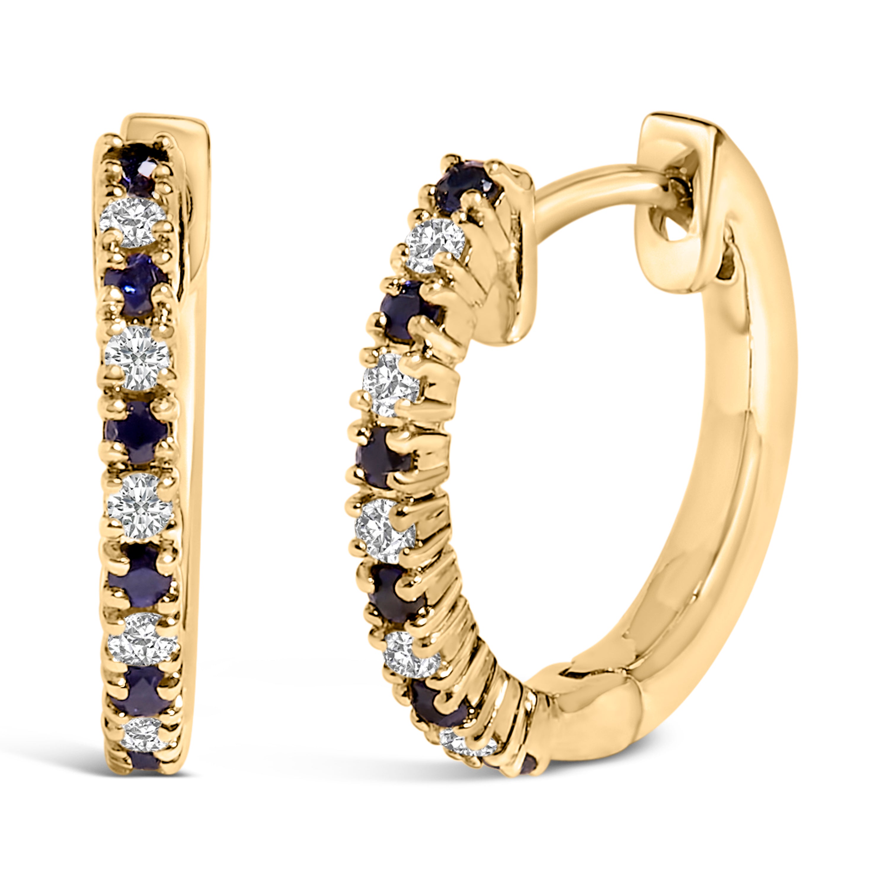 10K Yellow Gold Alternating Blue Sapphire 1/10 Cttw Diamond Huggy Hoop Earrings (I-J Color, I1-I2 Clarity)
