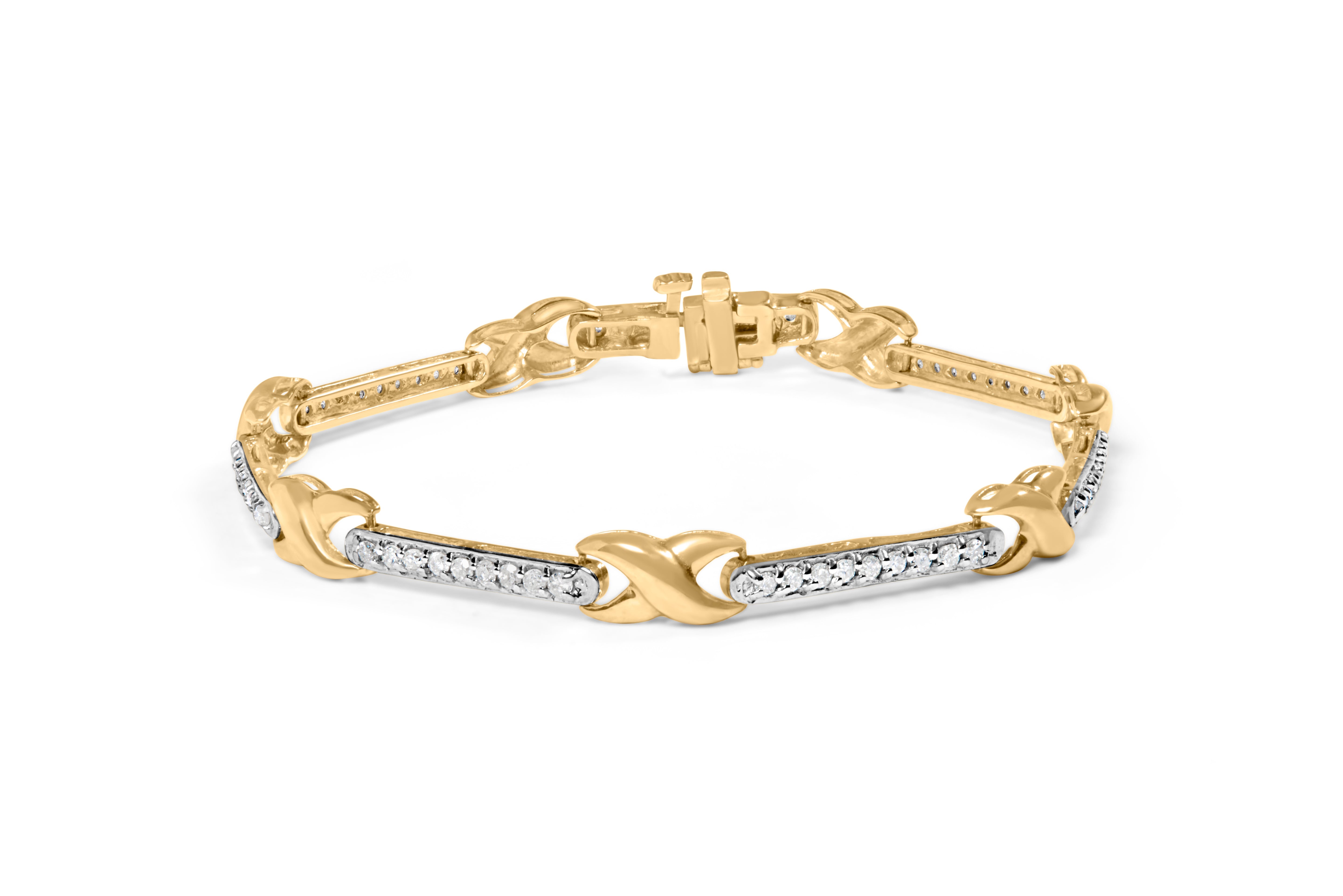 10K Yellow Gold 1.00 Cttw Pave Set Diamond Bar and X-Link 7" Bracelet (I-J Color, I3 Quality)