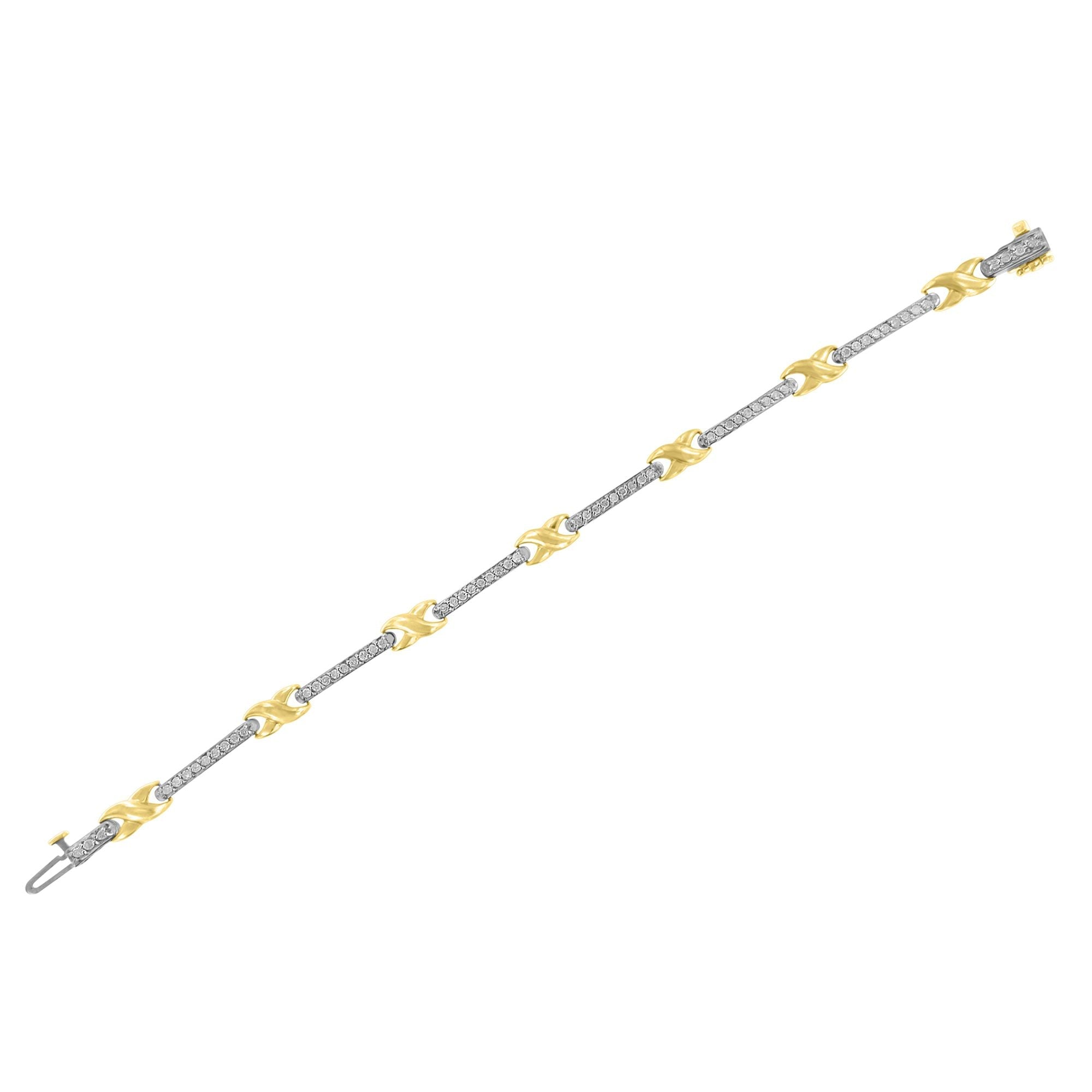 10K Yellow Gold 1.00 Cttw Pave Set Diamond Bar and X-Link 7" Bracelet (I-J Color, I3 Quality)