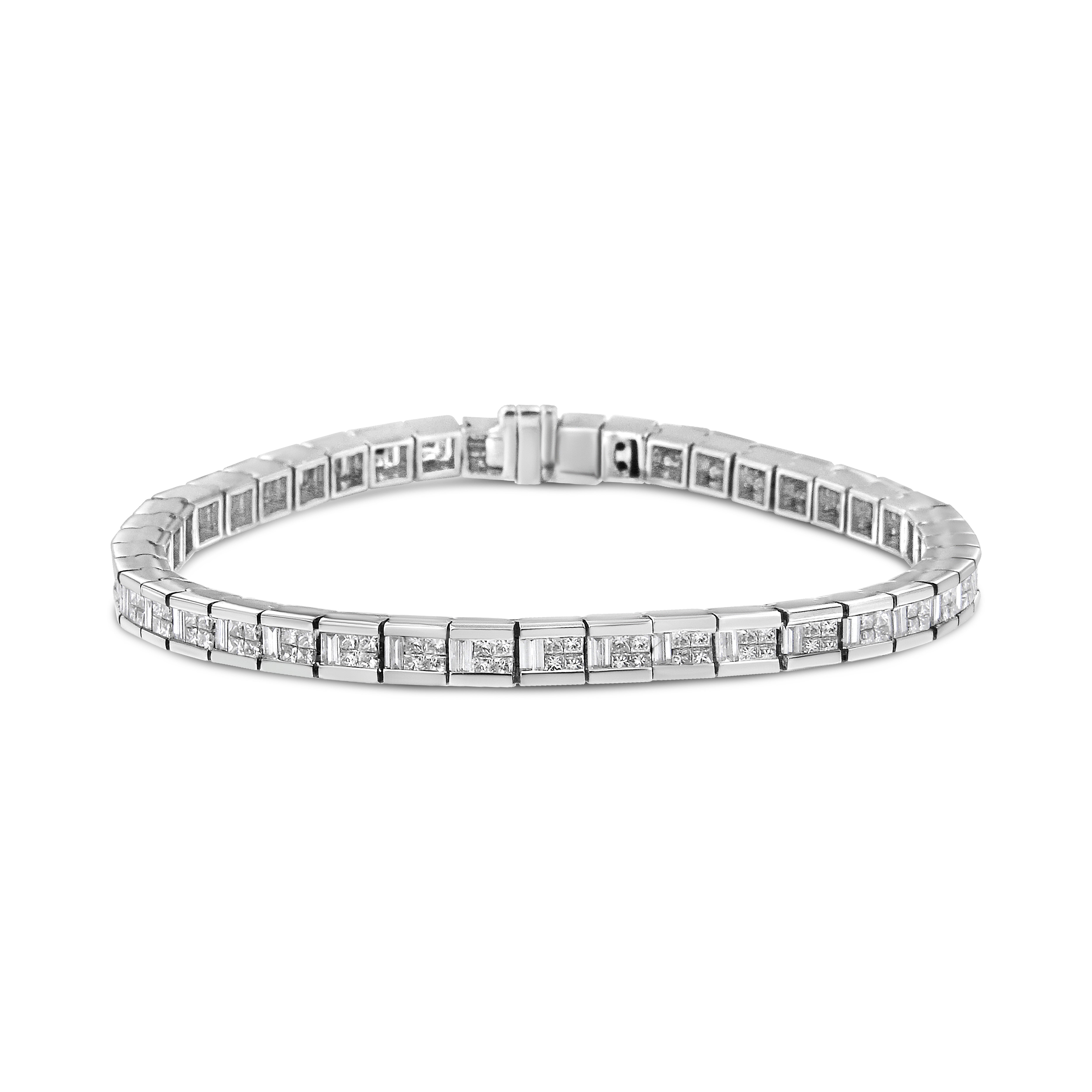 14K White Gold 4 3/8 Cttw Alternating Invisible Set Princess and Baguette Diamond Tennis Bracelet (G-H Color, VS1-VS2 Clarity) - Size 7"