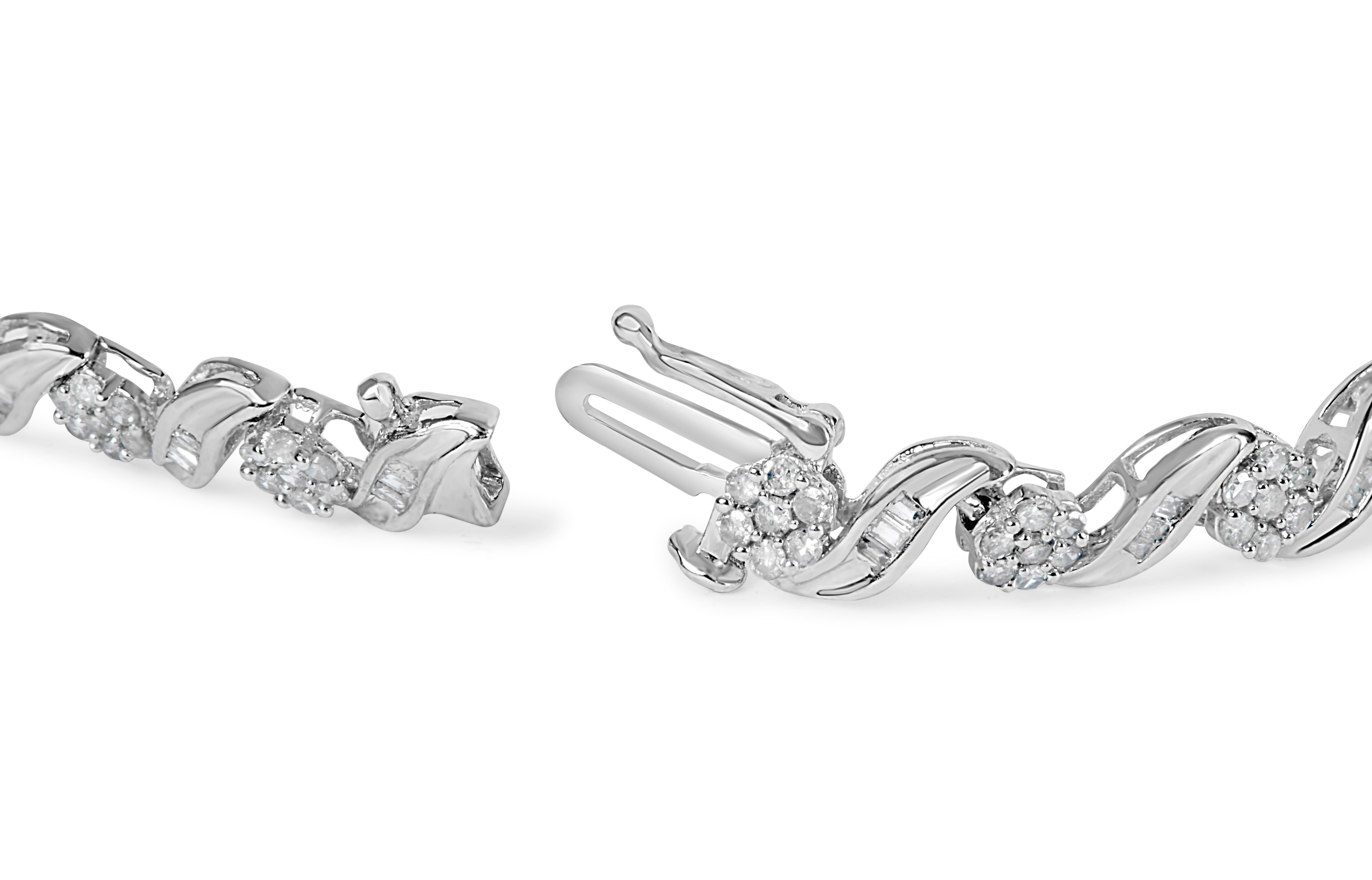 10K White Gold 2.00 Cttw Round-Cut and Baguette-Cut Diamond Floral Design Swirl Link 7" Bracelet (I-J Color, I1-I2 Clarity)