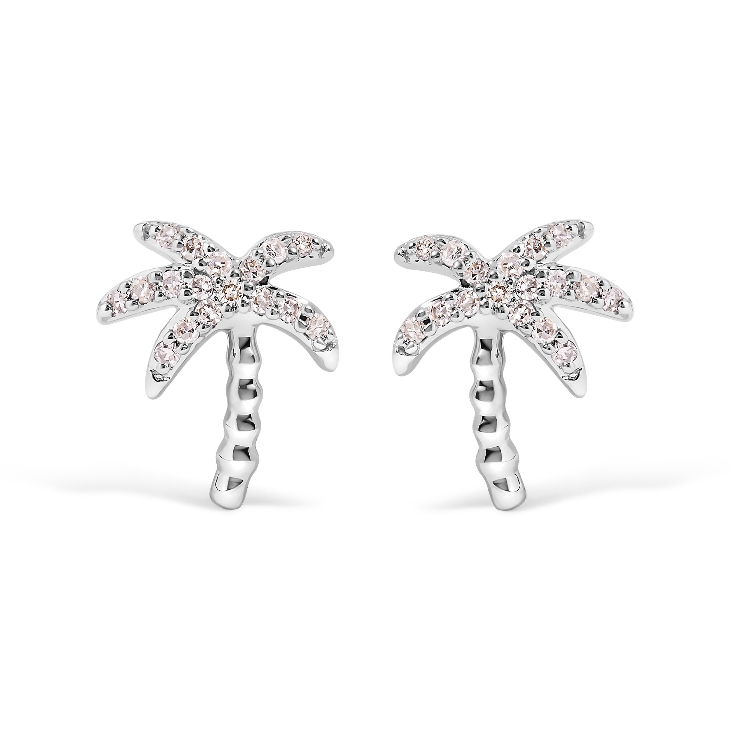 10K White Gold 1/10 Cttw Diamond Encrusted Palm Tree Stud Earrings (H-I Color, I1-I2 Clarity)