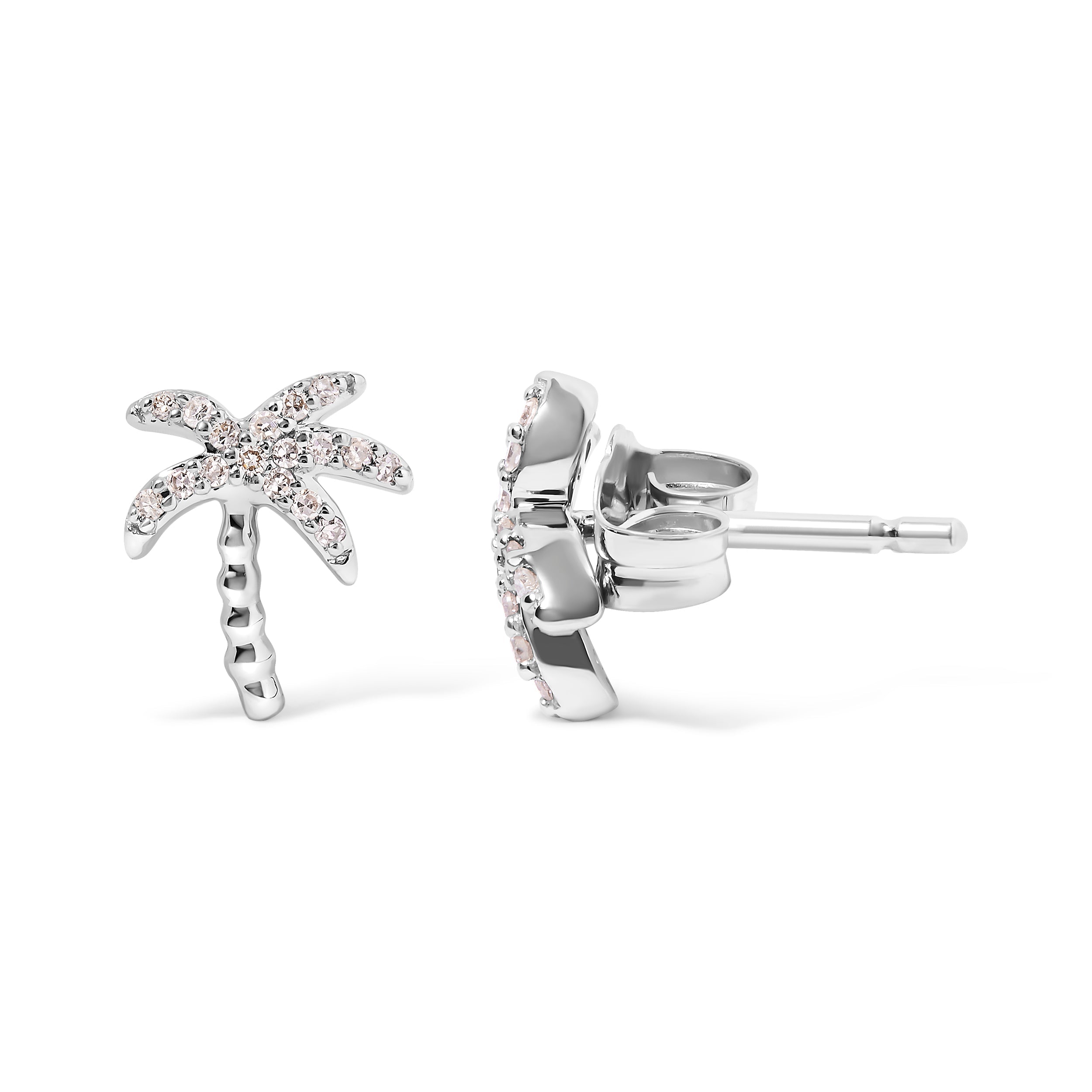 10K White Gold 1/10 Cttw Diamond Encrusted Palm Tree Stud Earrings (H-I Color, I1-I2 Clarity)