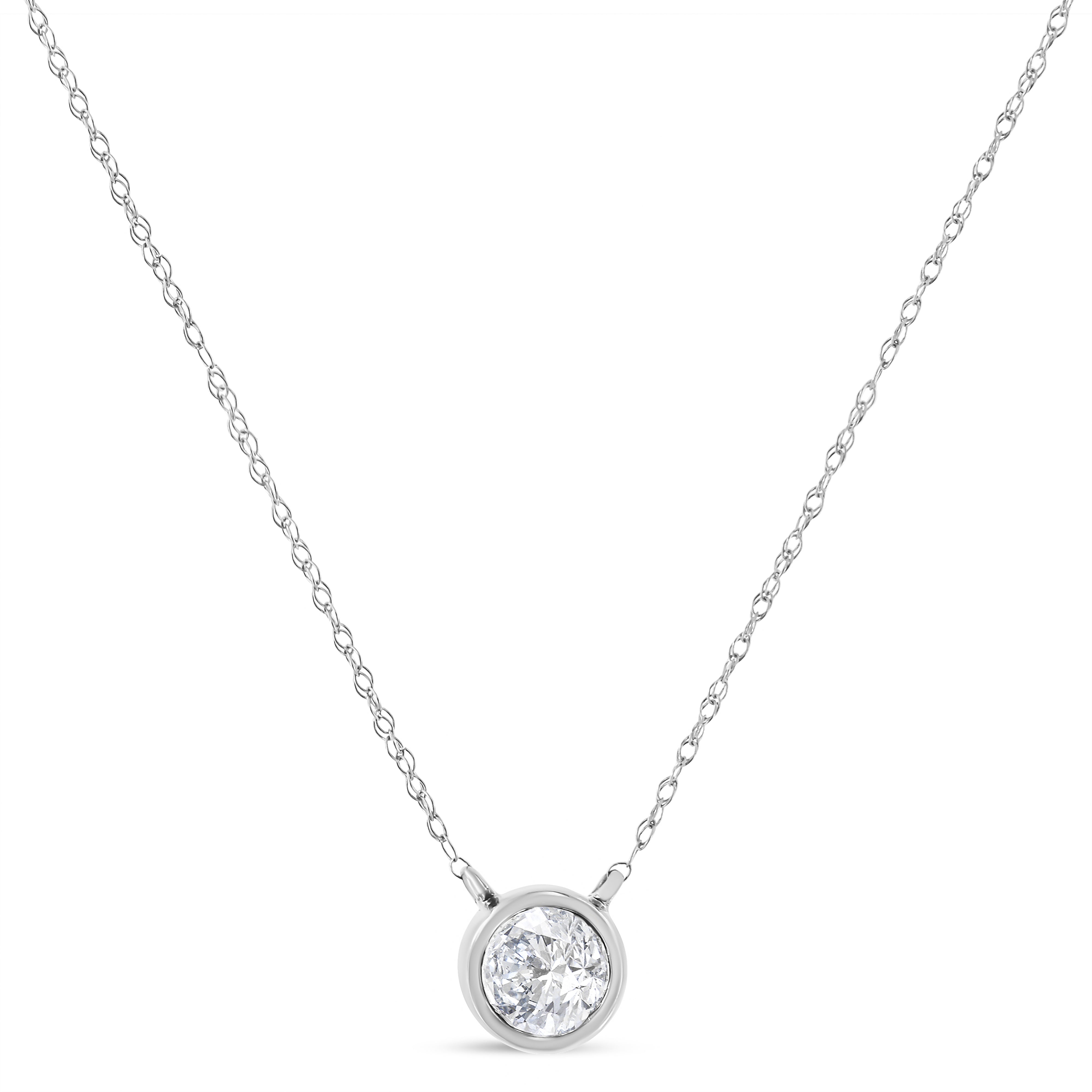 AGS Certified 10K White Gold 1/3 Cttw Bezel Set Round Diamond Solitaire 16-18" Adjustable Pendant Necklace (I-J Color, SI1-SI2 Clarity)