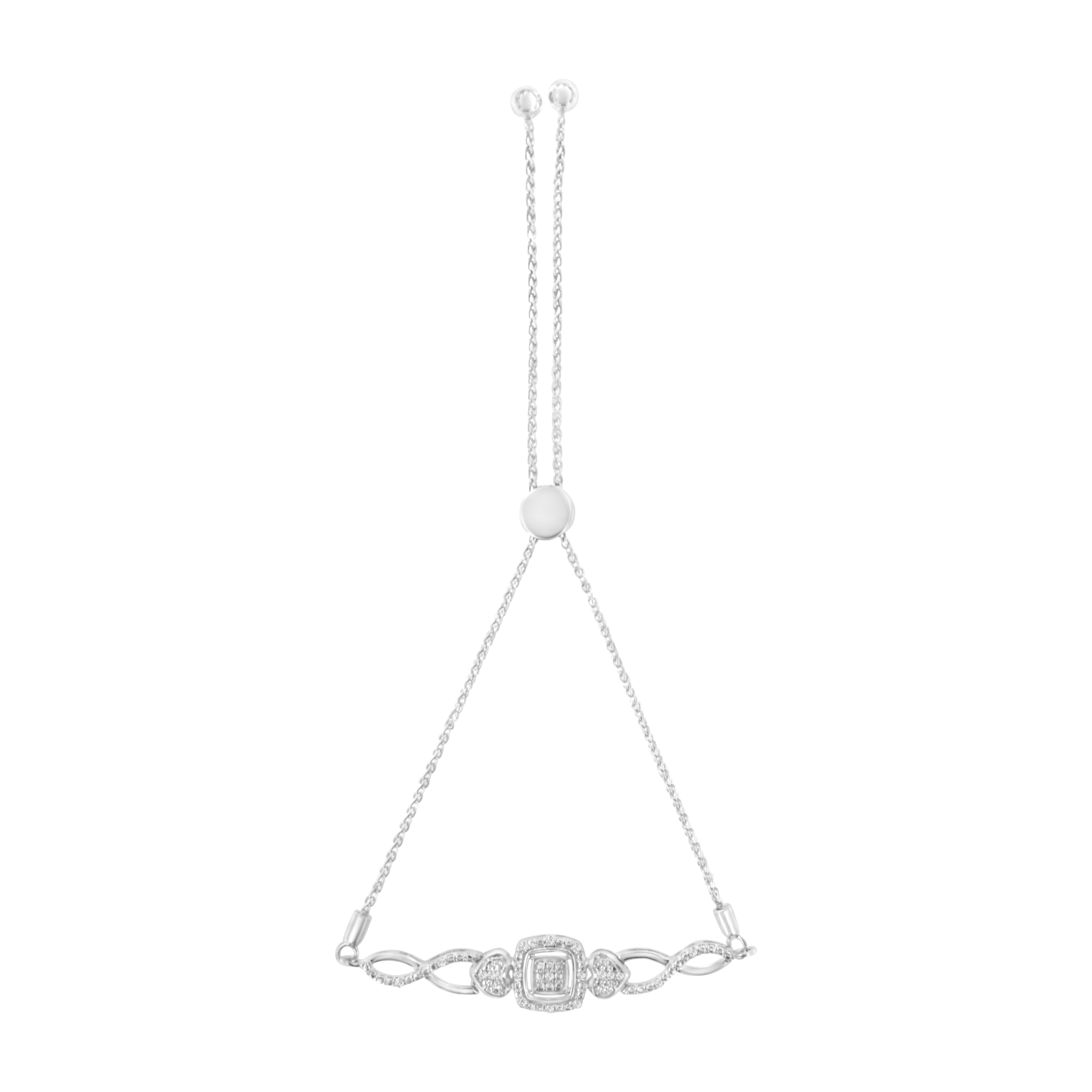 .925 Sterling Silver Diamond Cushion Frame Heart-Sides Twist 4â€-10†Adjustable Bolo Tennis Bolo Bracelet (I-J Color, I3 Clarity)