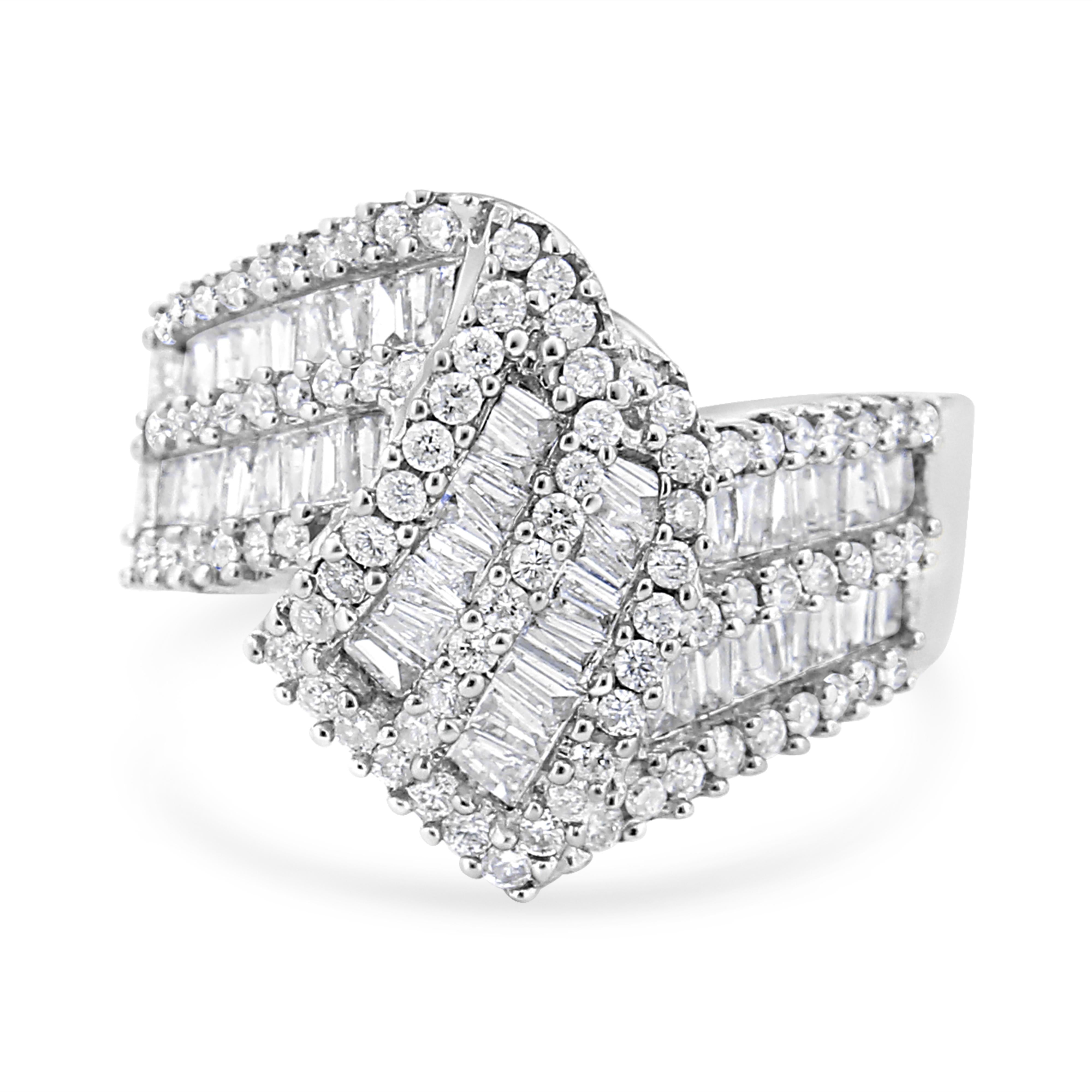 14K White Gold 1-1/2 Cttw Round and Baguette Diamond Bypass Cocktail Ring Band (H-I Color, SI1-SI2 Clarity) - Size 7
