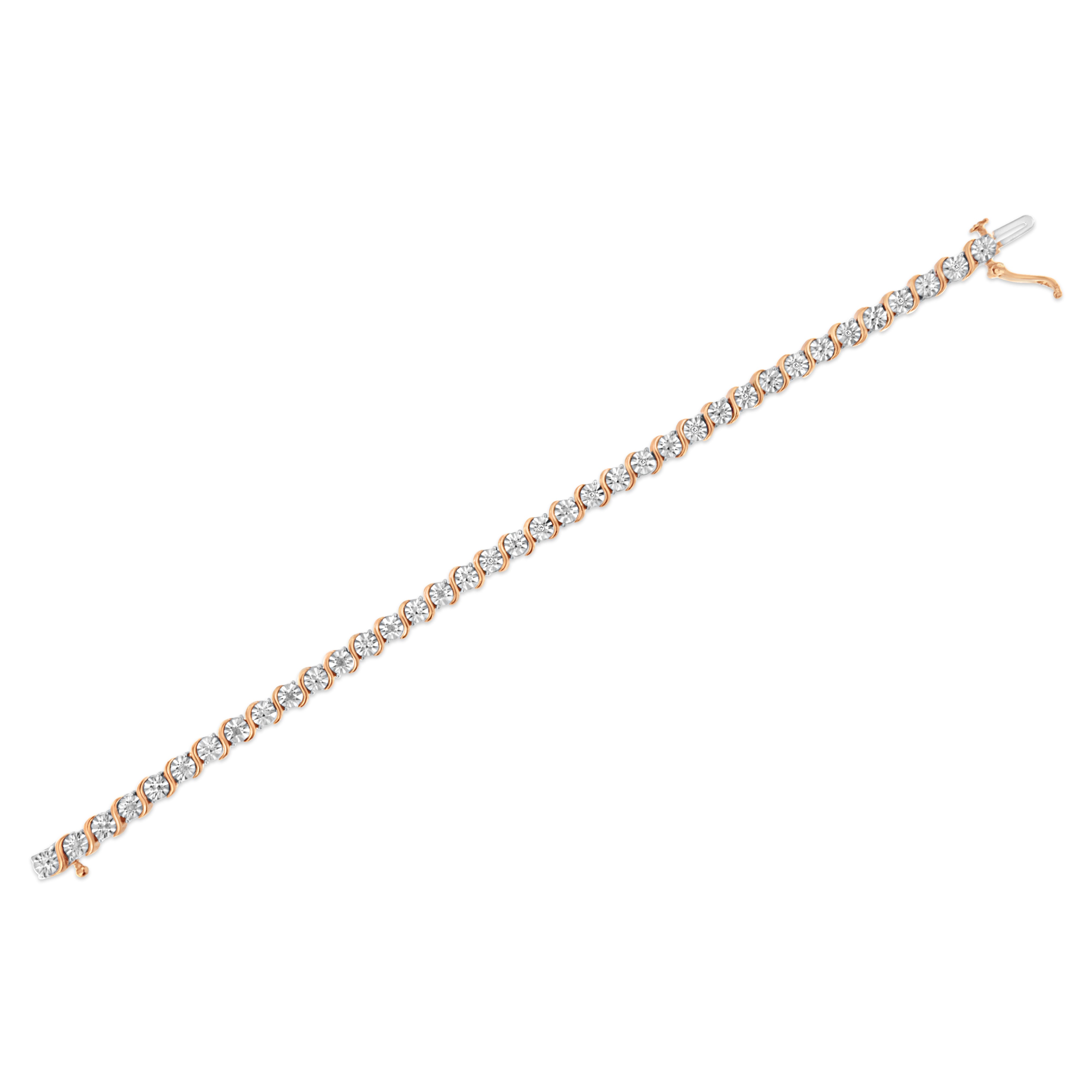 14K Rose Gold Plated .925 Sterling Silver 1/10 Cttw Diamond Round Miracle Plate and "S" Link Tennis Bracelet (I-J Color, I2- I3 Clarity) - 7"