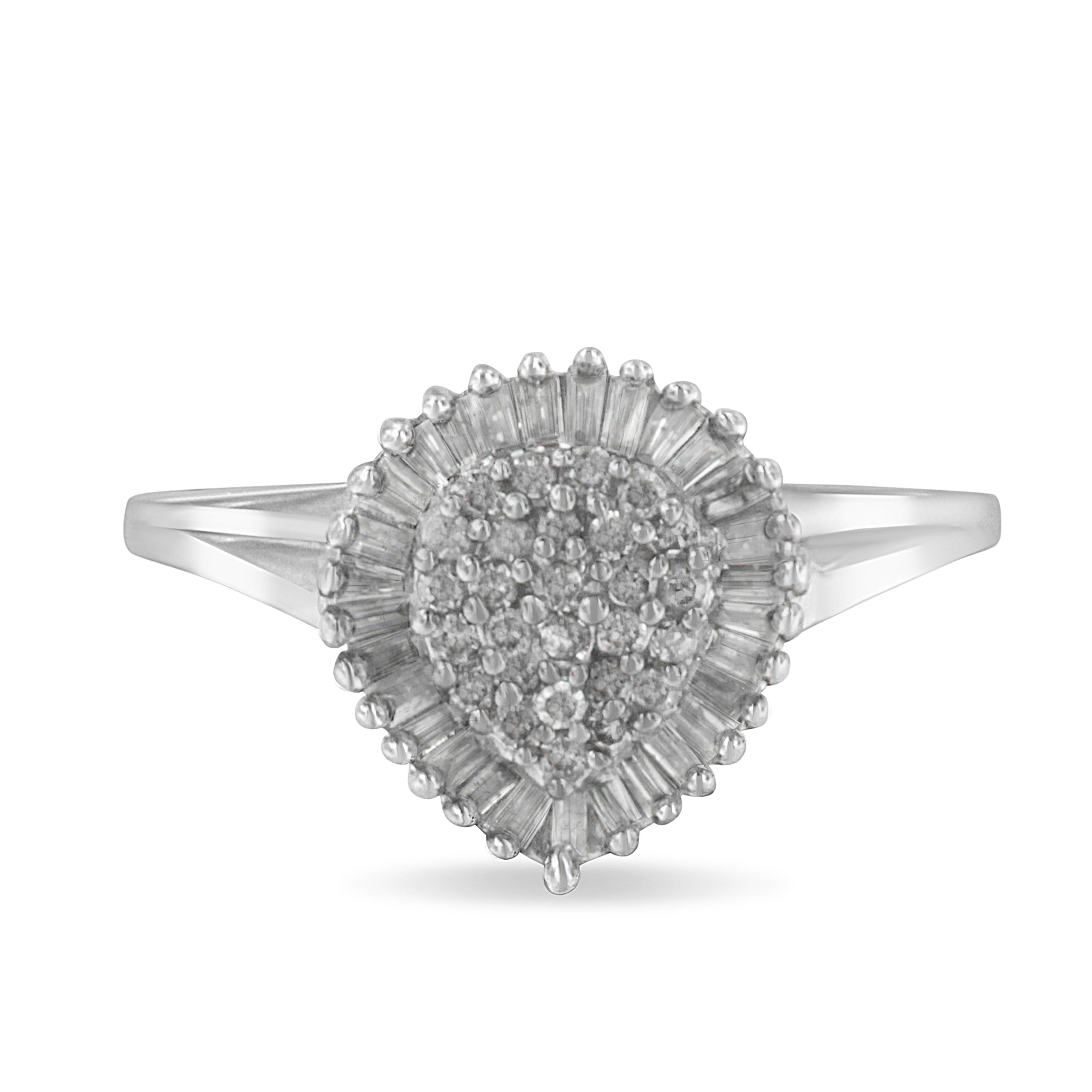 10K White Gold 1/2 Cttw Round & Baguette Cut Diamond Pear Shaped Domed Pavé Cluster with Halo Cocktail Ring (H-I Color, SI1-SI2 Clarity) - Size 5