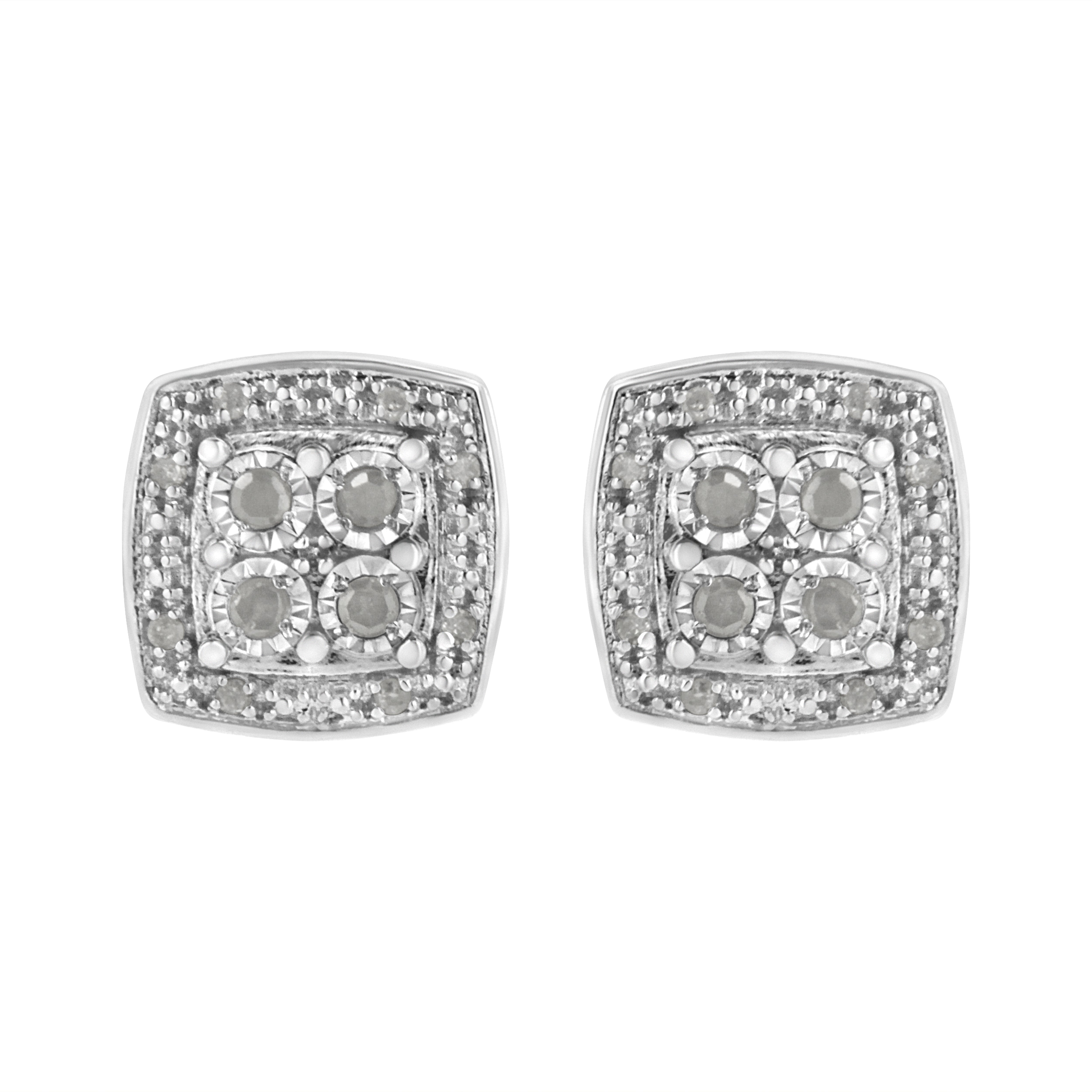 .925 Sterling Silver 1/4 cttw Round Cut Diamond Square Shape Milgrain Stud Earrings (I-J Color, I3 Clarity)