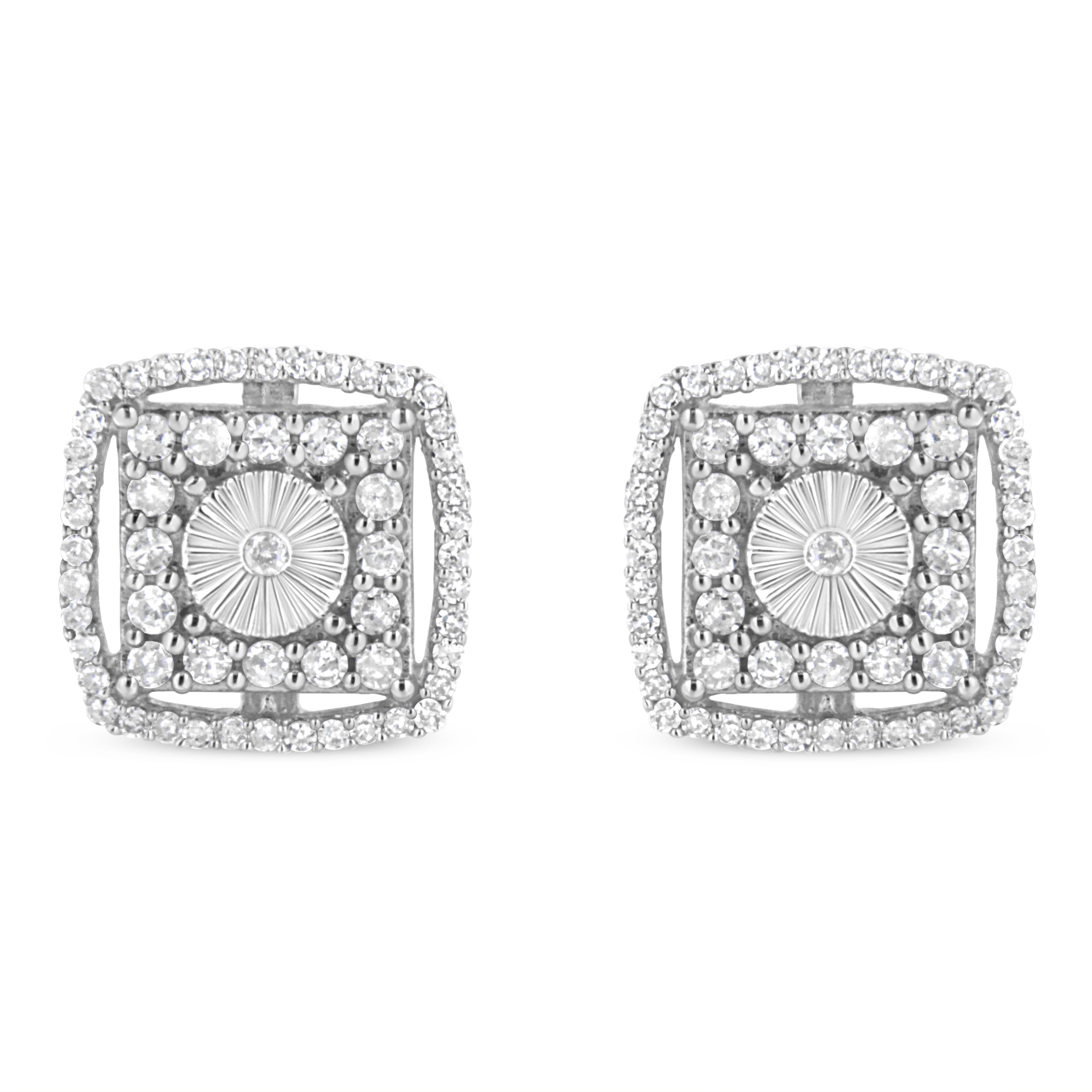 .925 Sterling Silver 1.0 Cttw Round Diamond Double Halo and Disc Stud Earring (I-J Color, I2-I3 Clarity)