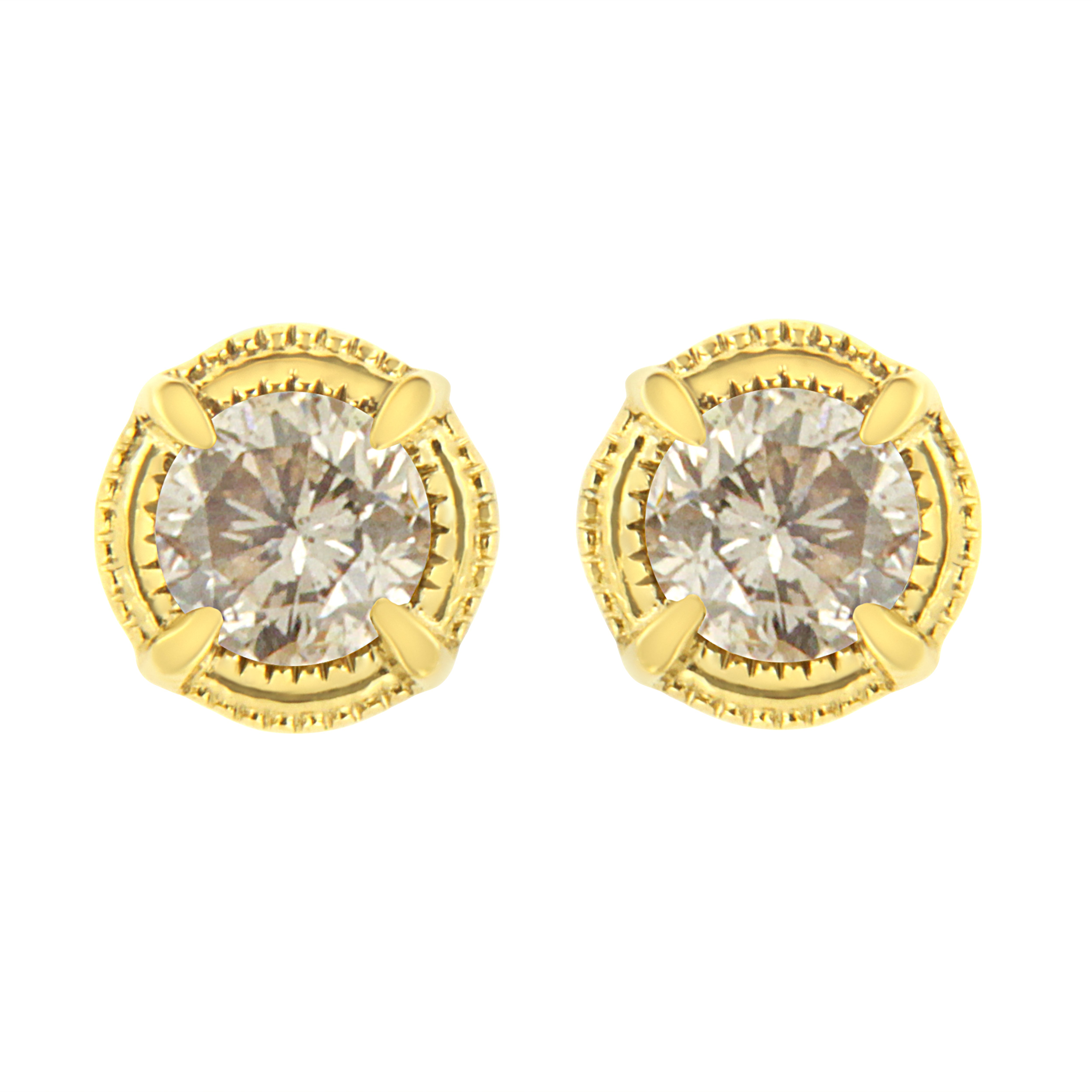 14K Yellow Gold Plated .925 Sterling Silver 1.0 Cttw Round Brilliant Cut Diamond Solitaire Milgrain Stud Earrings (K-L Color, I2-I3 Clarity)