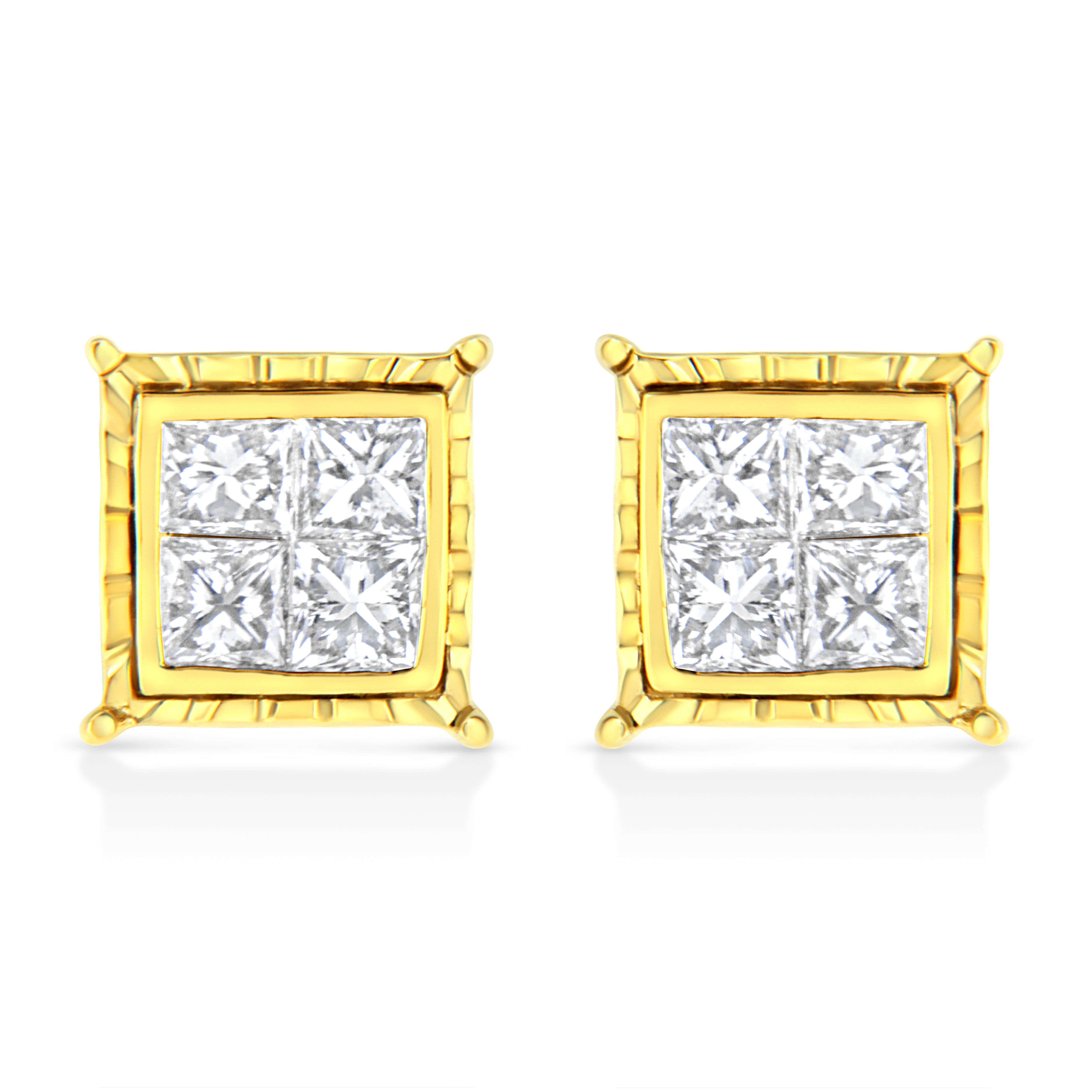 14K Yellow Gold 1 Cttw Princess Cut Diamond Square Stud Earrings