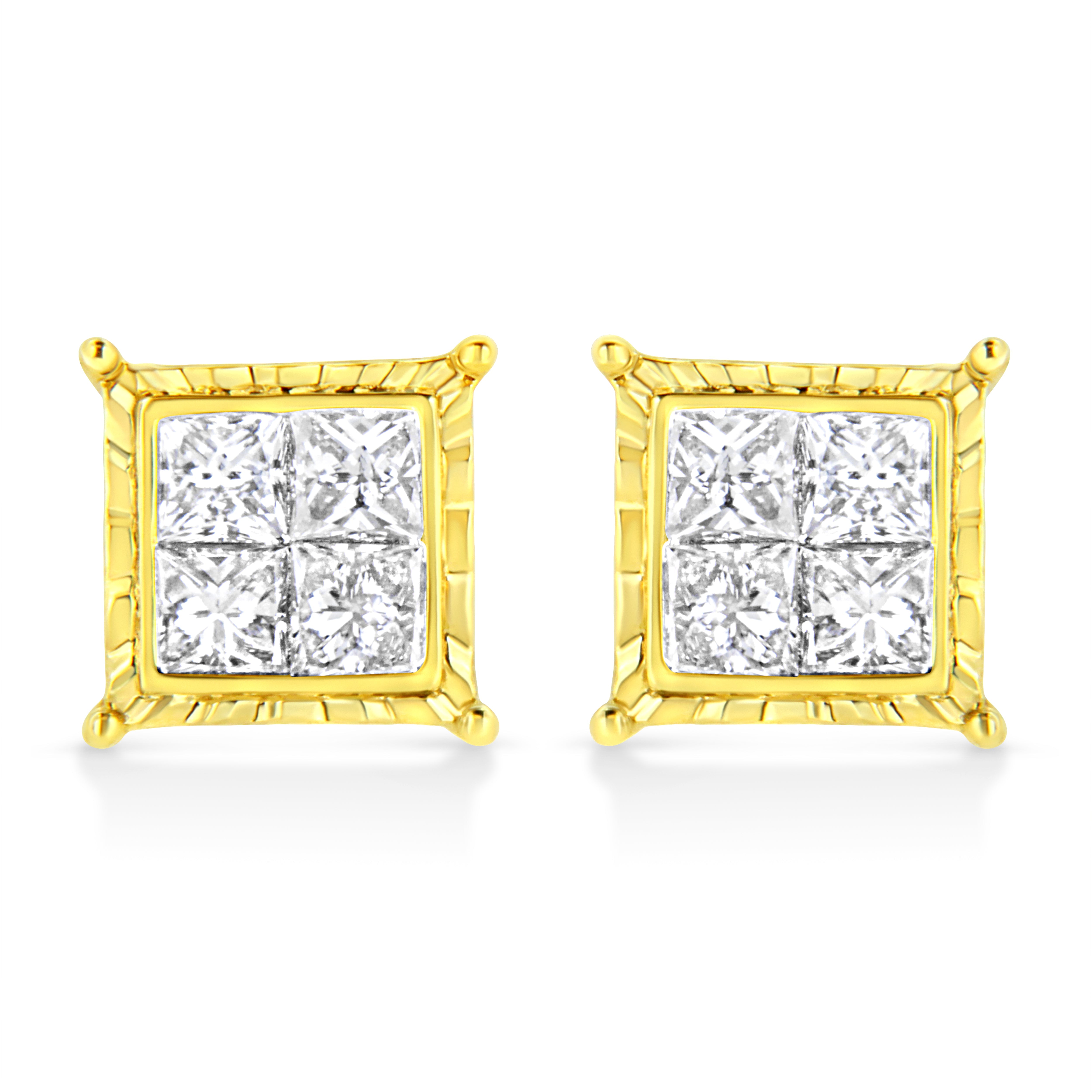 14K Yellow Gold 1 Cttw Princess Cut Diamond Square Stud Earrings