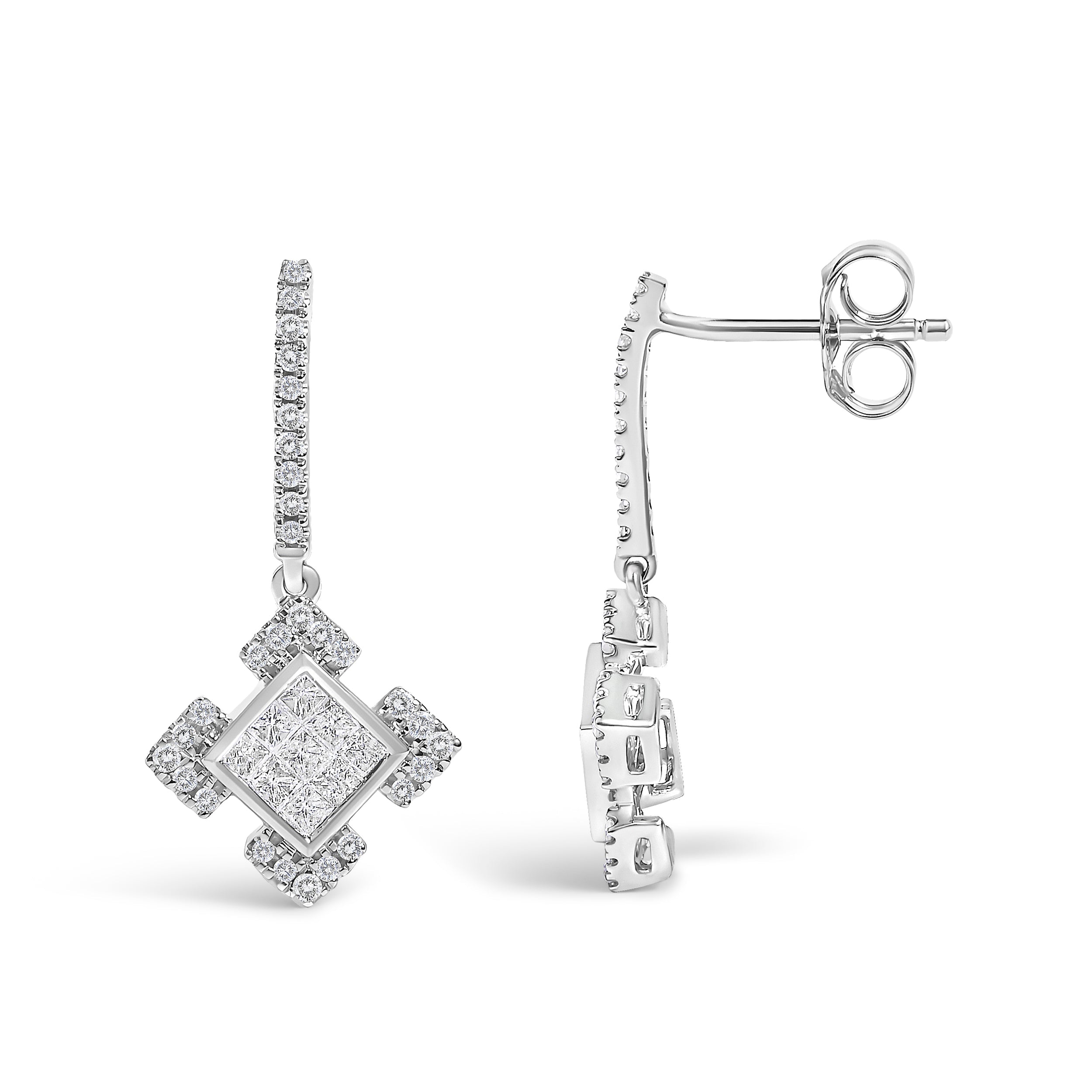 10K White Gold Princess and Round Diamond Geometric Composite Dangle Earrings