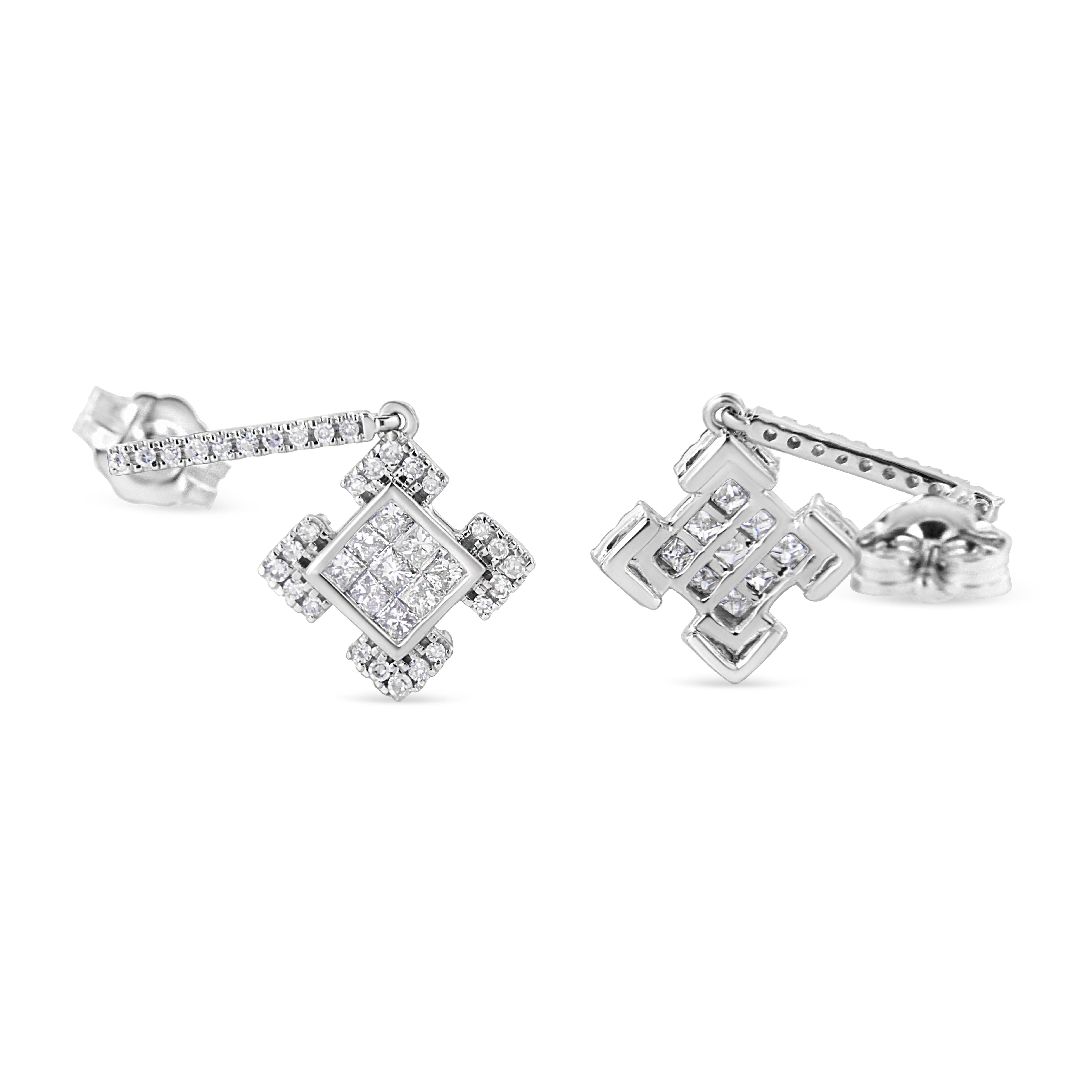 10K White Gold Princess and Round Diamond Geometric Composite Dangle Earrings