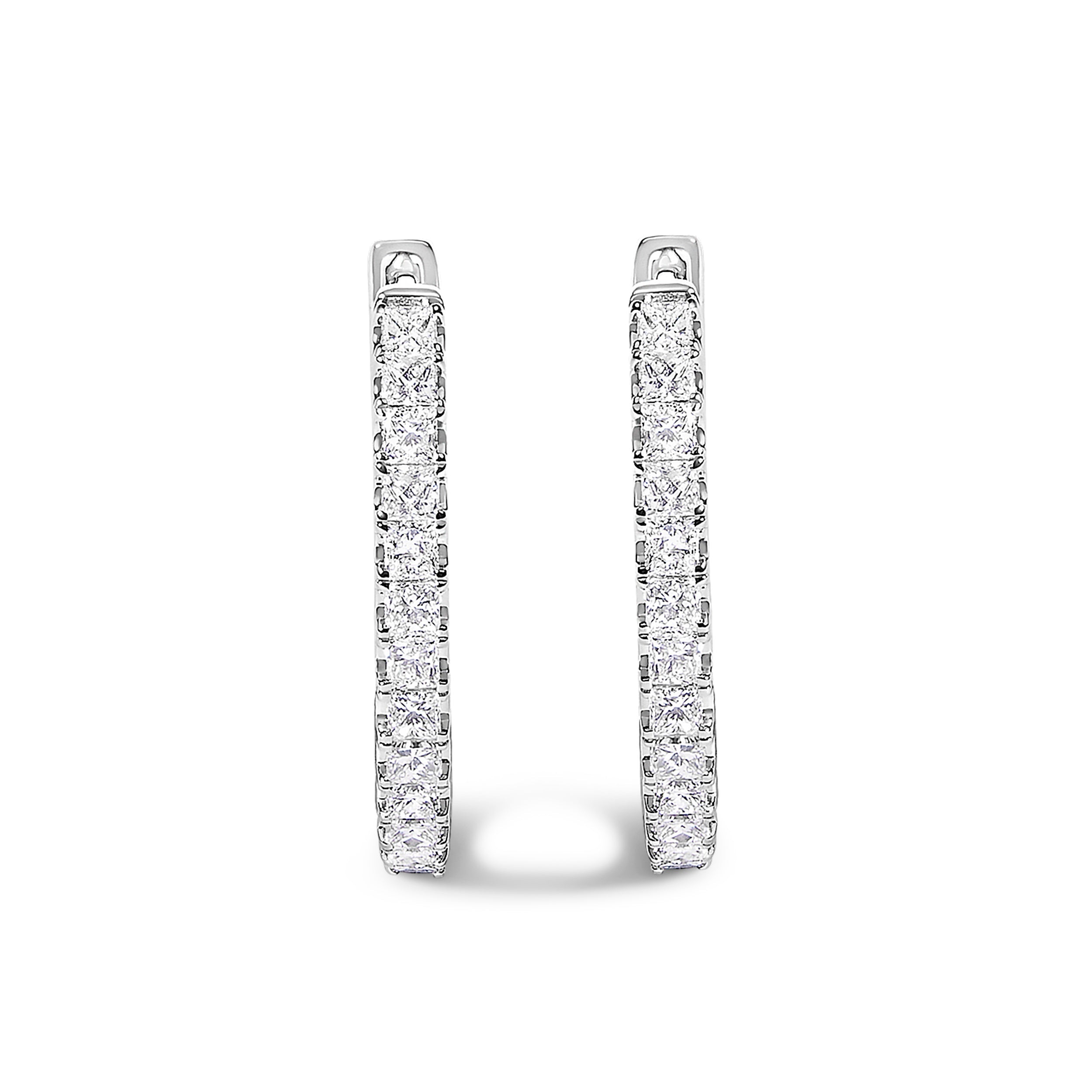 14K White Gold 2.00 Cttw Princess Diamond Inside Out Elongated Hoop Earrings