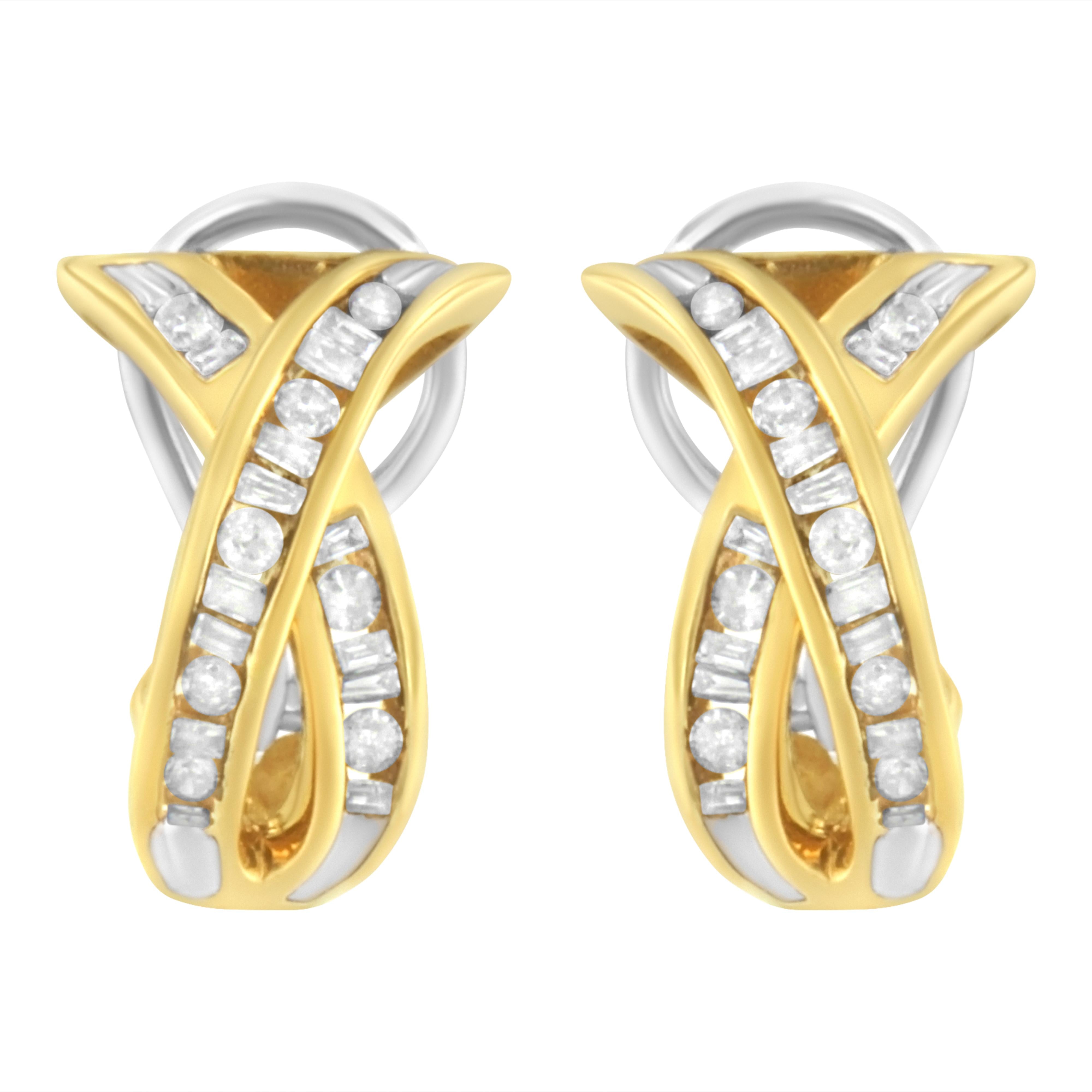 14K Yellow and White Gold 1/2 TDW "X" Shape Cross Over Diamond Hoop Earrings (I-J, I2-I3)