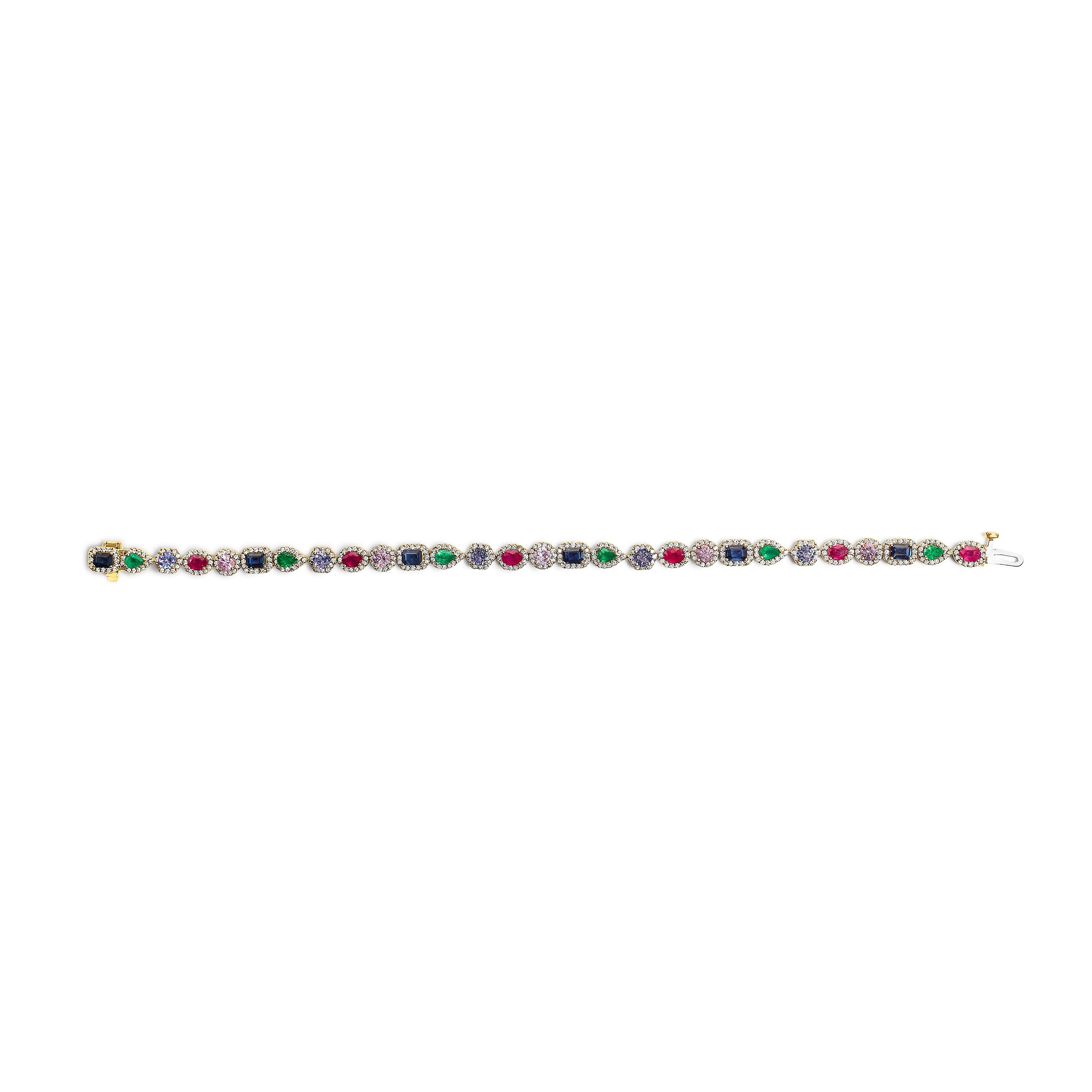 14K Yellow Gold Multi-Gemstone and Diamond Halo Rainbow Tennis Bracelet