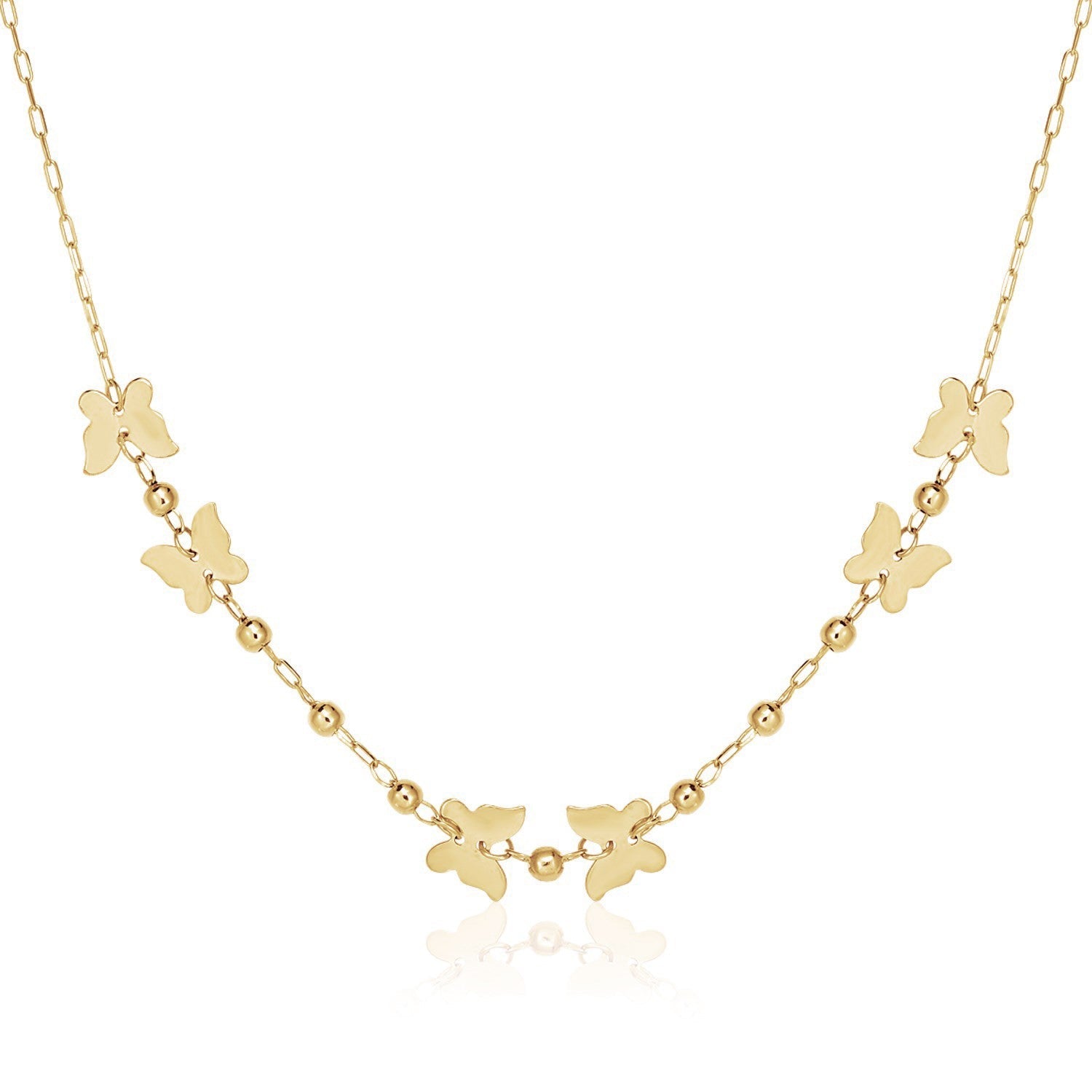 14k Yellow Gold 18 inch Necklace with Polished Butterflies and Beads