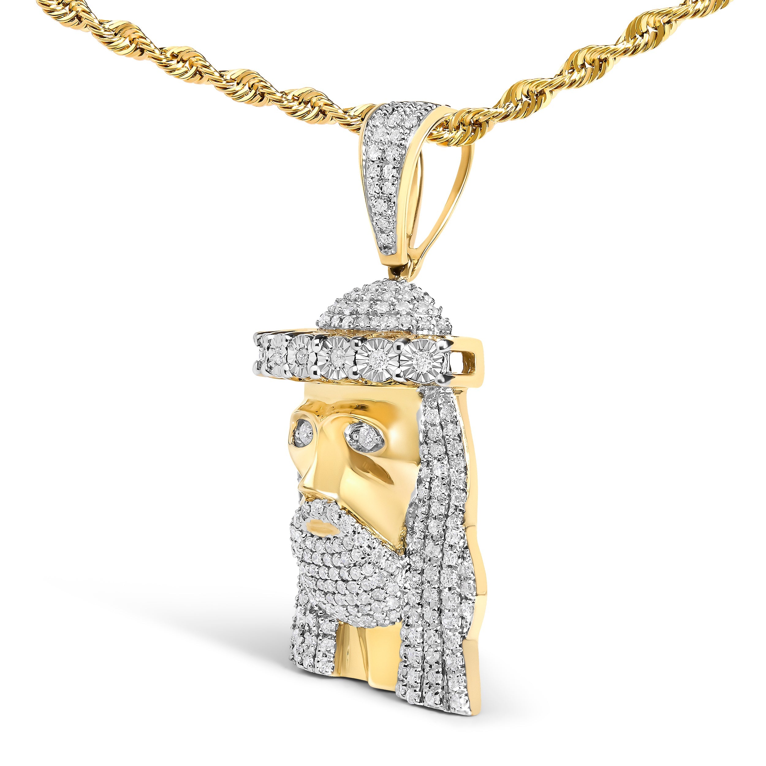 Men's 10K Yellow Gold 1 1/3 Cttw Diamond Studded Jesus Pendant Necklace